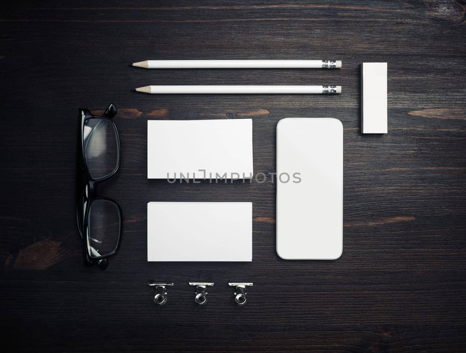 Blank corporate identity template on wood table background. Branding stationery mock up. Flat lay.