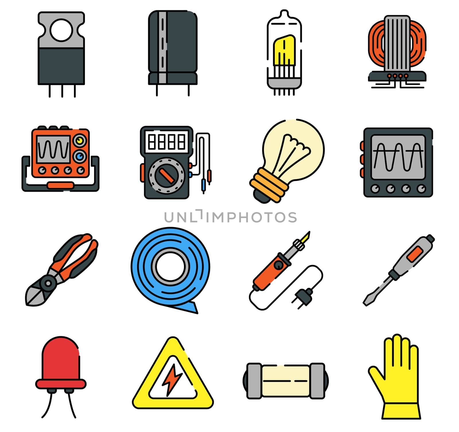 Electrical engineering and electronics repair color line icons