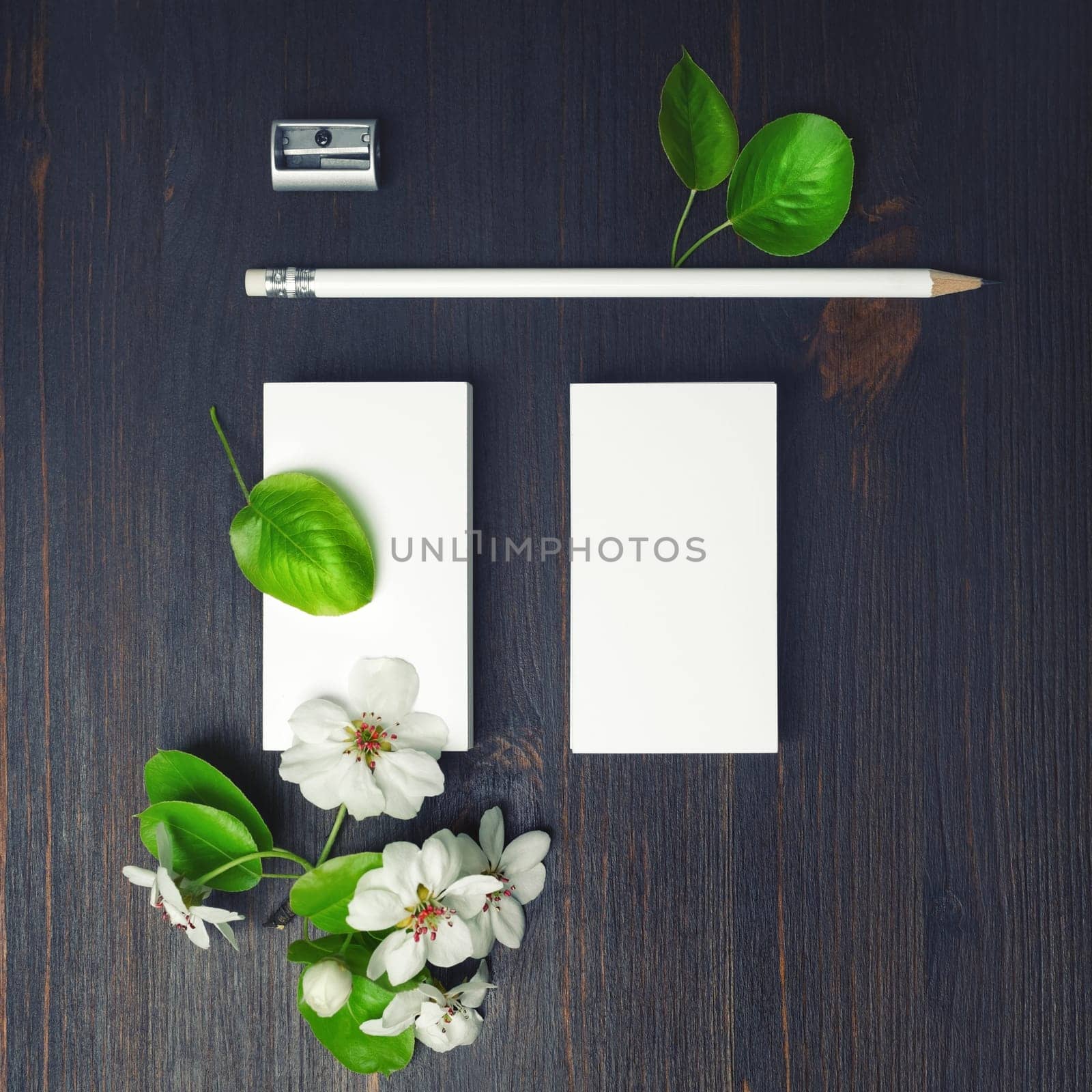 Blank stationery and flowers. Blank business cards, pencil and sharpener. Top view. Flat lay.