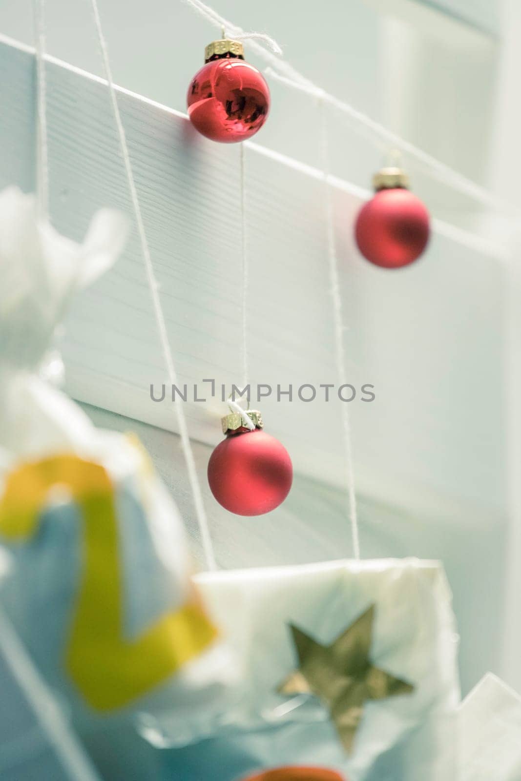 Christmas decoration: Close up of red Christmas baubles