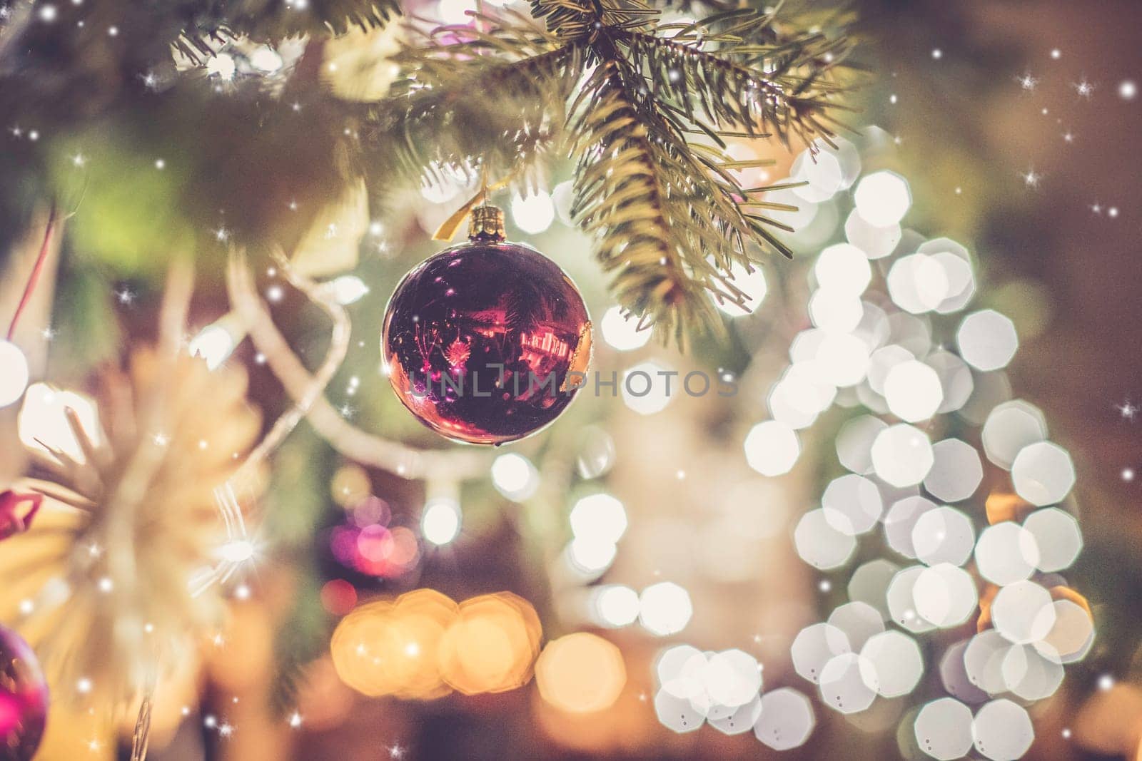 Close up of Christmas decoration on the Christmas market. Christmas bauble.