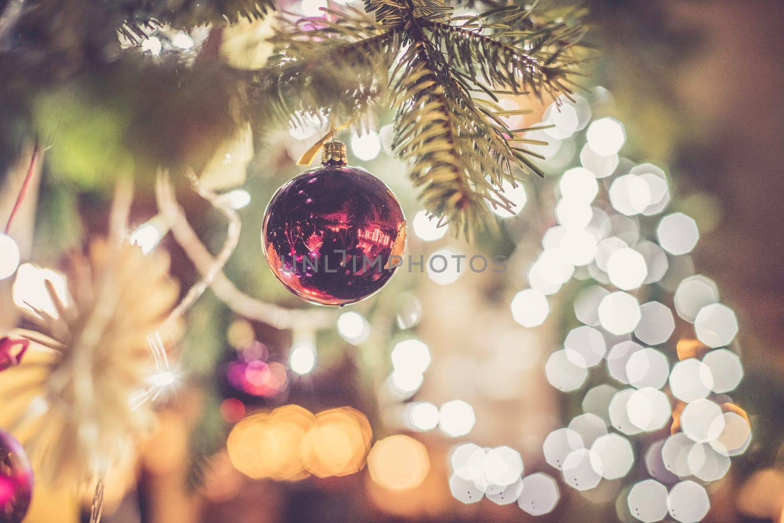 Close up of Christmas decoration on the Christmas market. Christmas bauble.