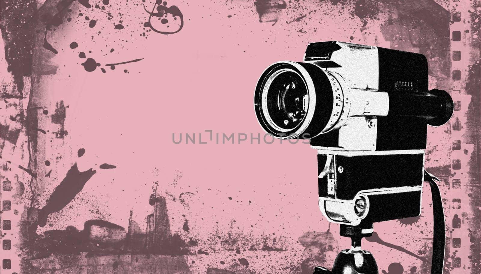 Vintage old movie camera, pink design graphic with copy space