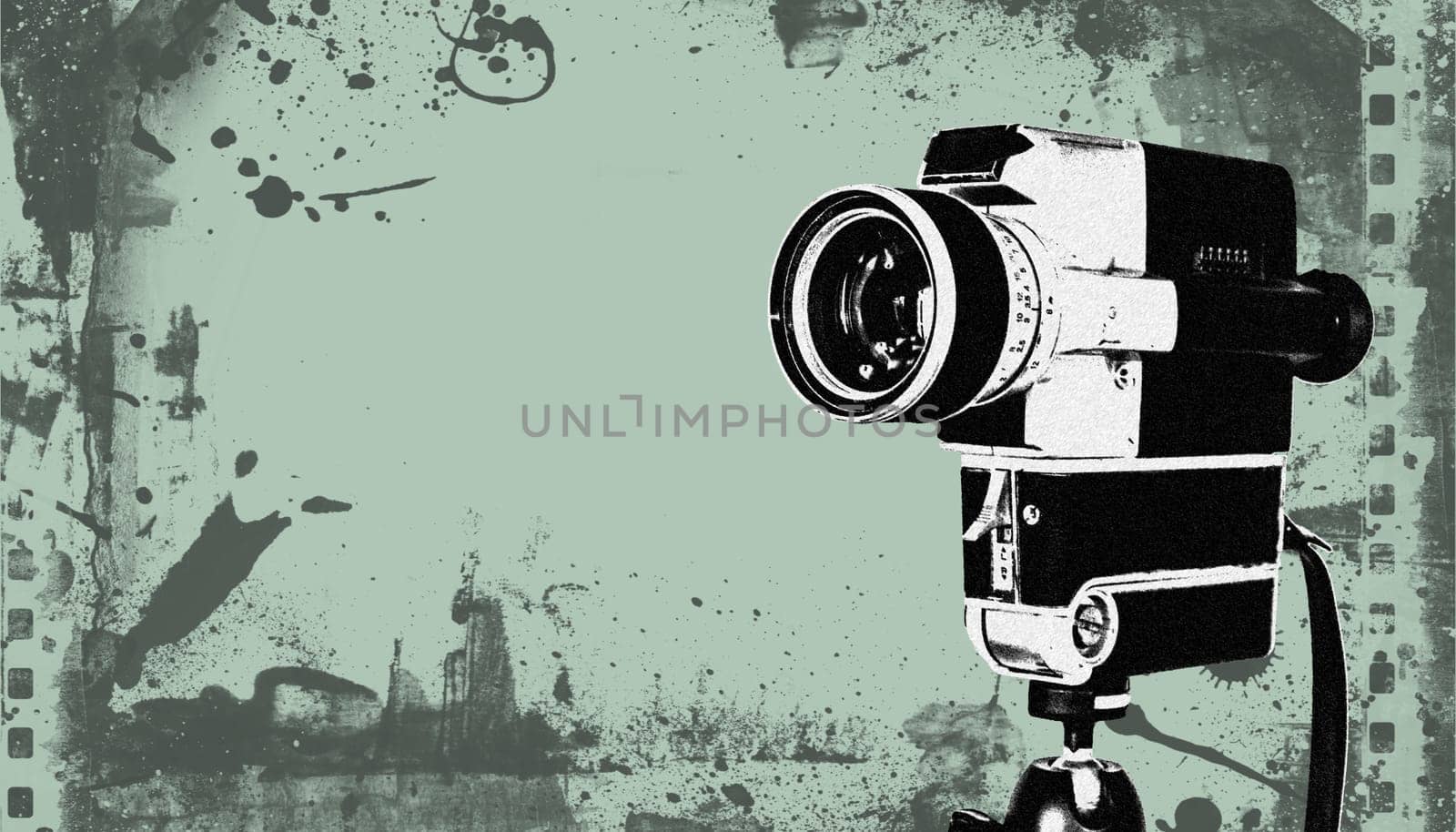 Vintage old movie camera, green design graphic with copy space