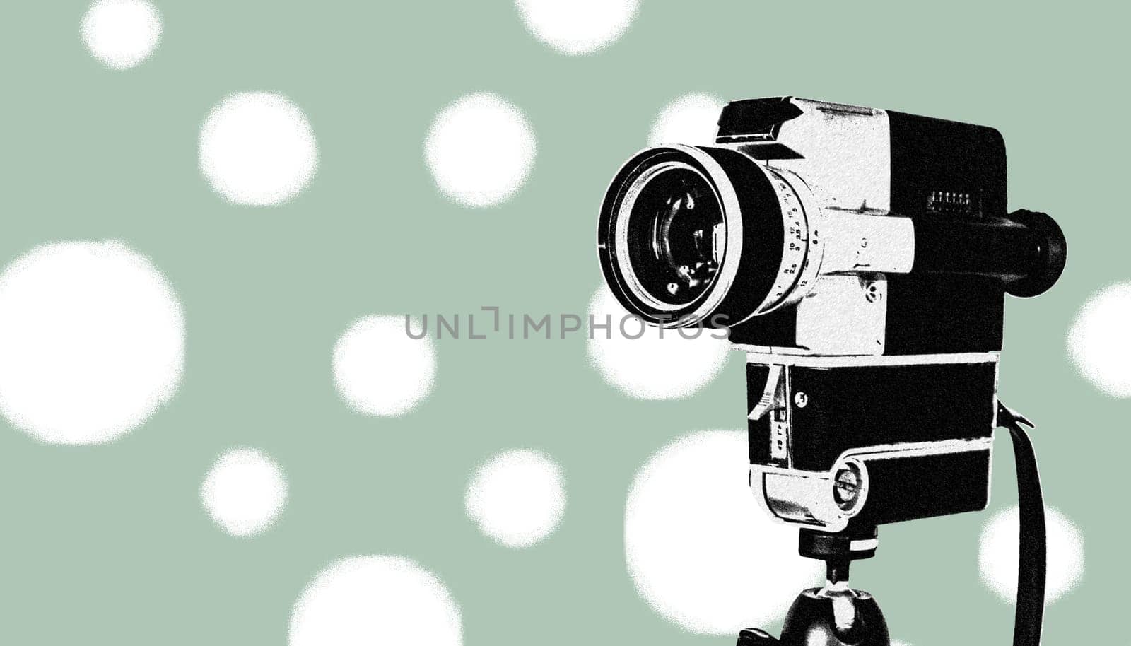 Vintage old movie camera, green design graphic with copy space