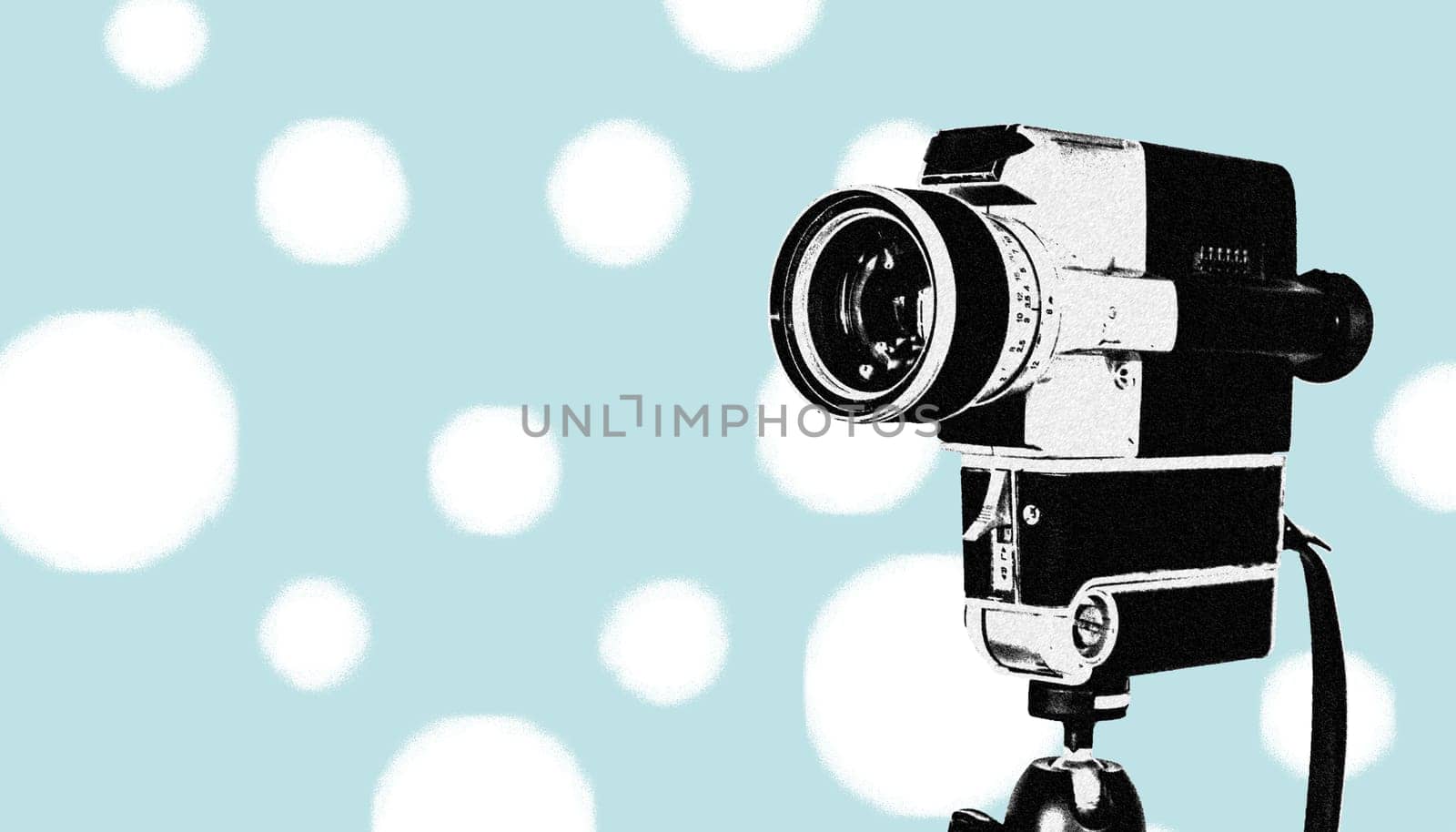 Vintage old movie camera,blue design graphic with copy space
