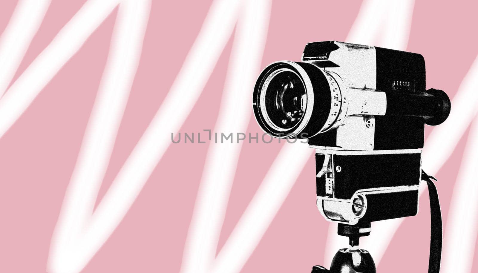 Vintage old movie camera, pink design graphic with copy space