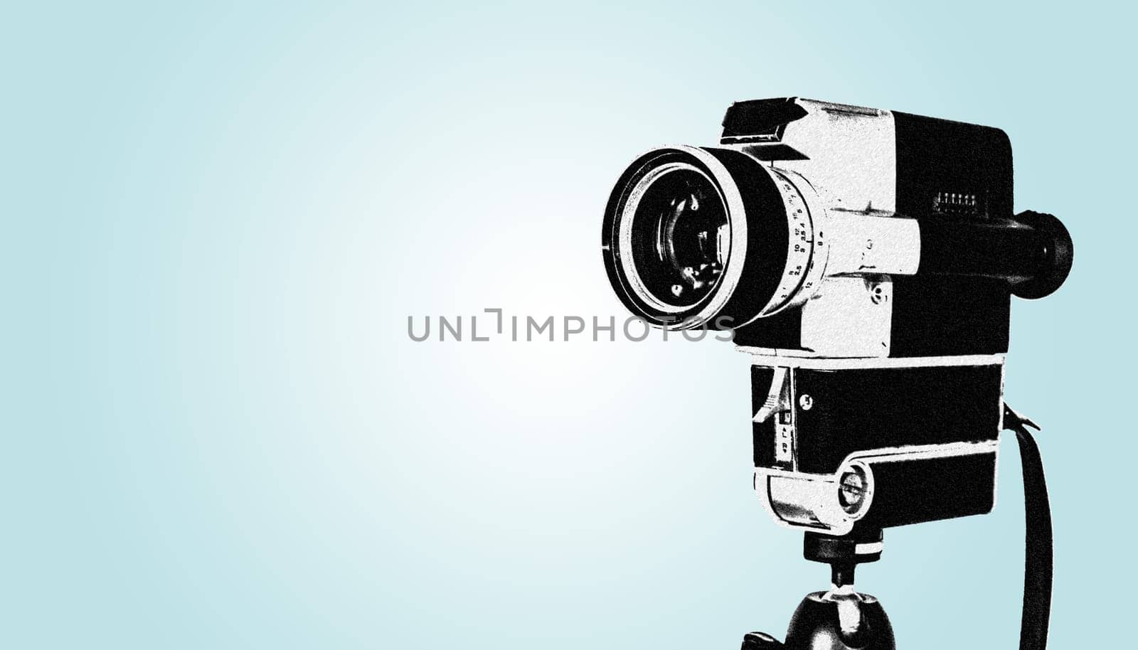 Vintage old movie camera,blue design graphic with copy space