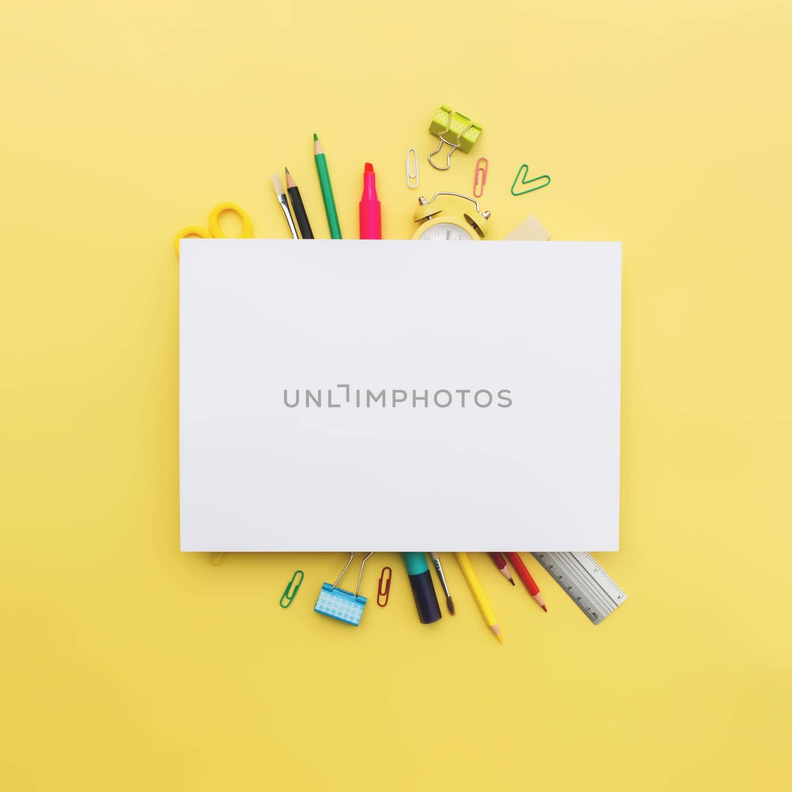 Back to school conceptual flat lay with different office supply objects and copy space area for text. Concept for primary and secondary school pupil. High quality photo