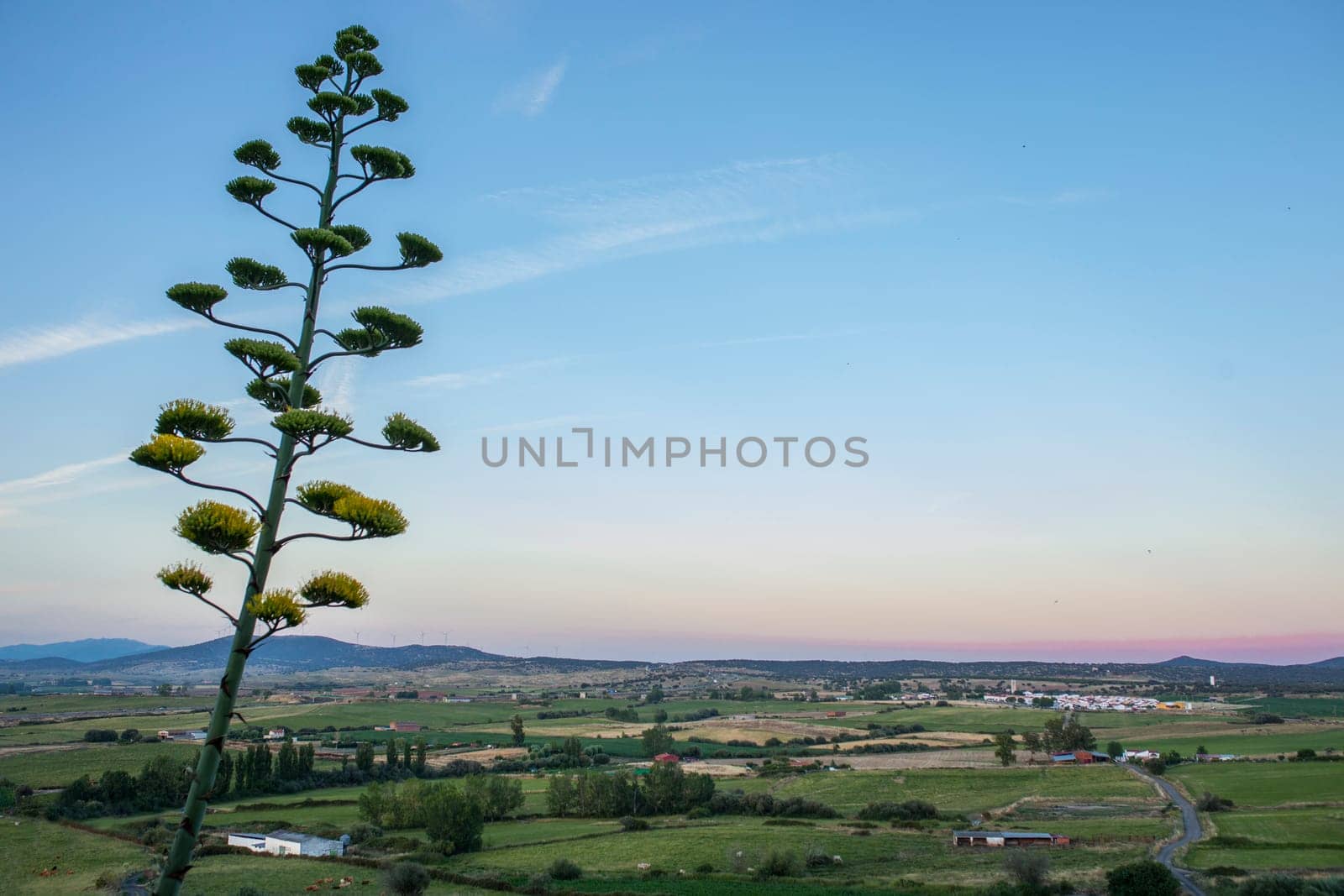 Galisteo, beautiful walled town from Alagon Valley. Countryside overview from east enclosure. Extremadura, Caceres, Spain