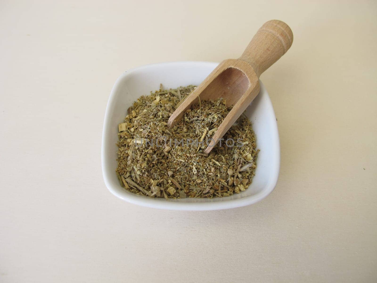 Dried absinthe wormwood herbs on a wooden board, Artemisia absinthium