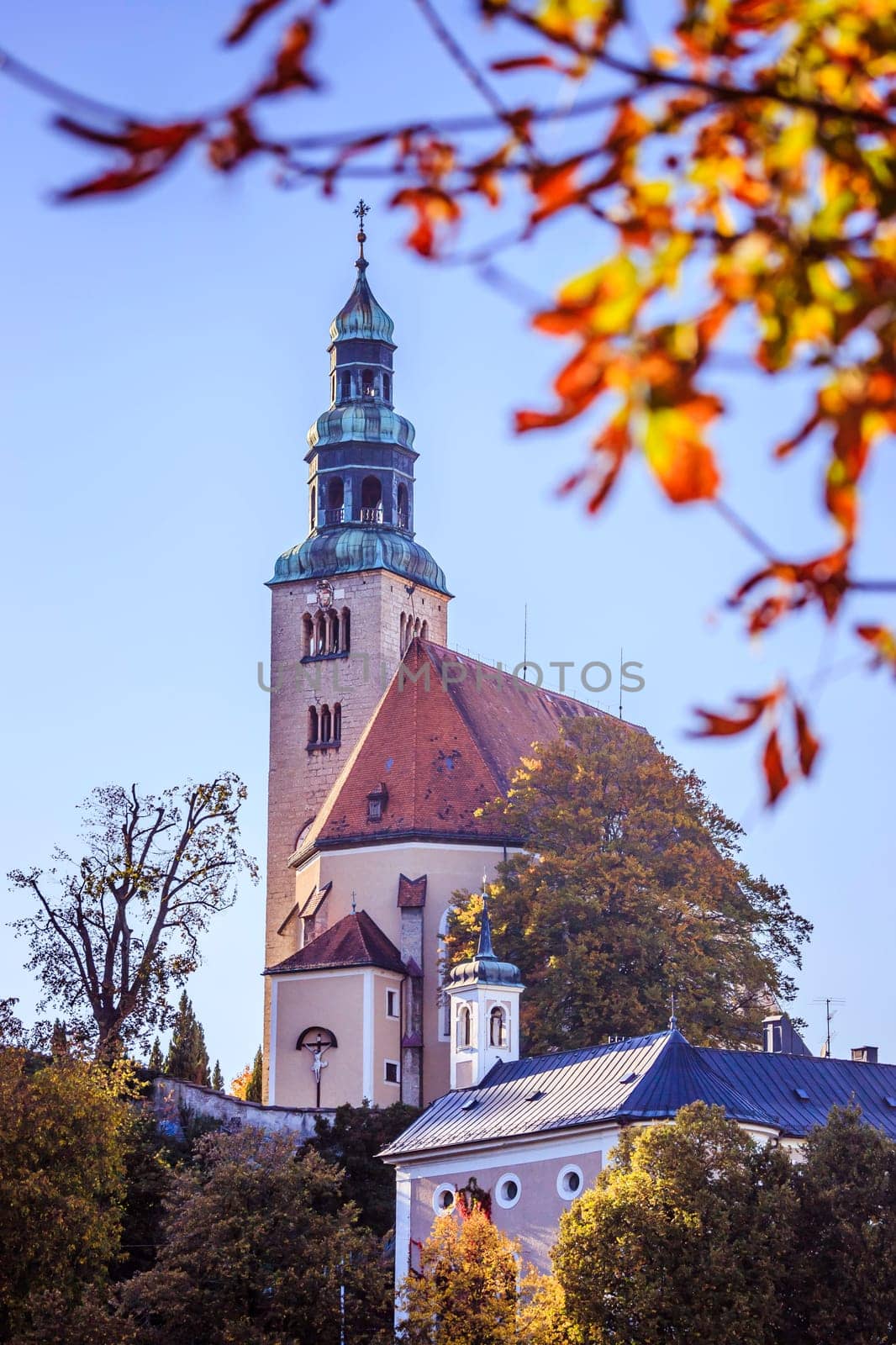 Müllner Church in Salzburg, Austria. Blue sky.