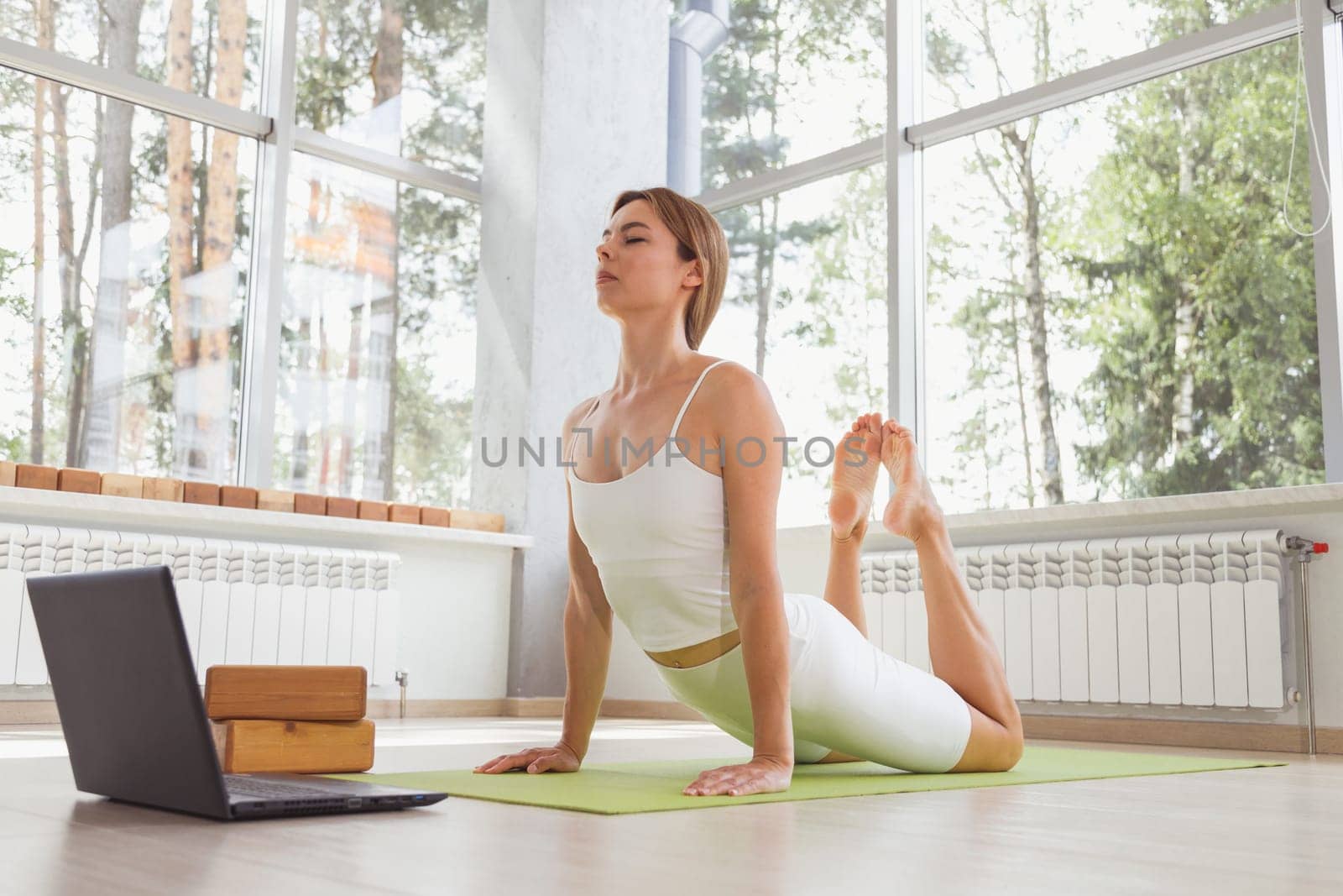 Young fit woman in sportswear doing sport or yoga online with laptop. Remote workouts, online trainer.