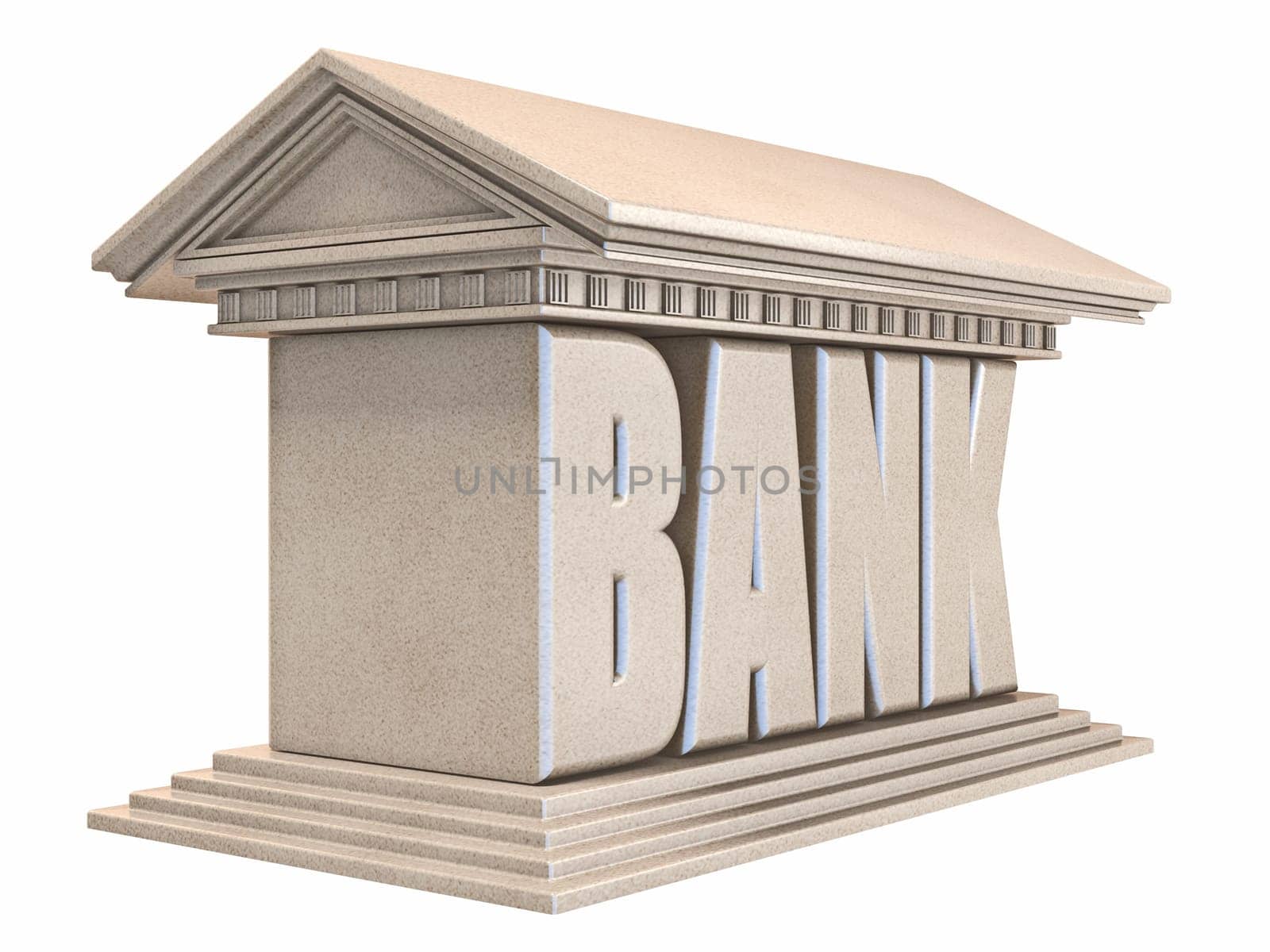 Bank building side view 3D render illustration isolated on white background
