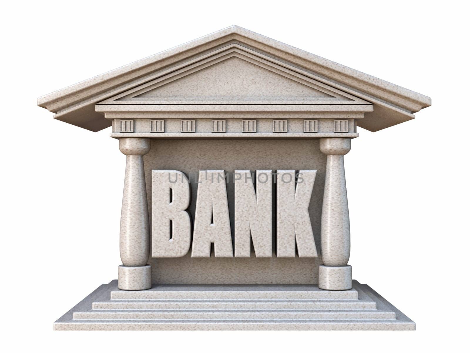 Bank building front view 3D render illustration isolated on white background