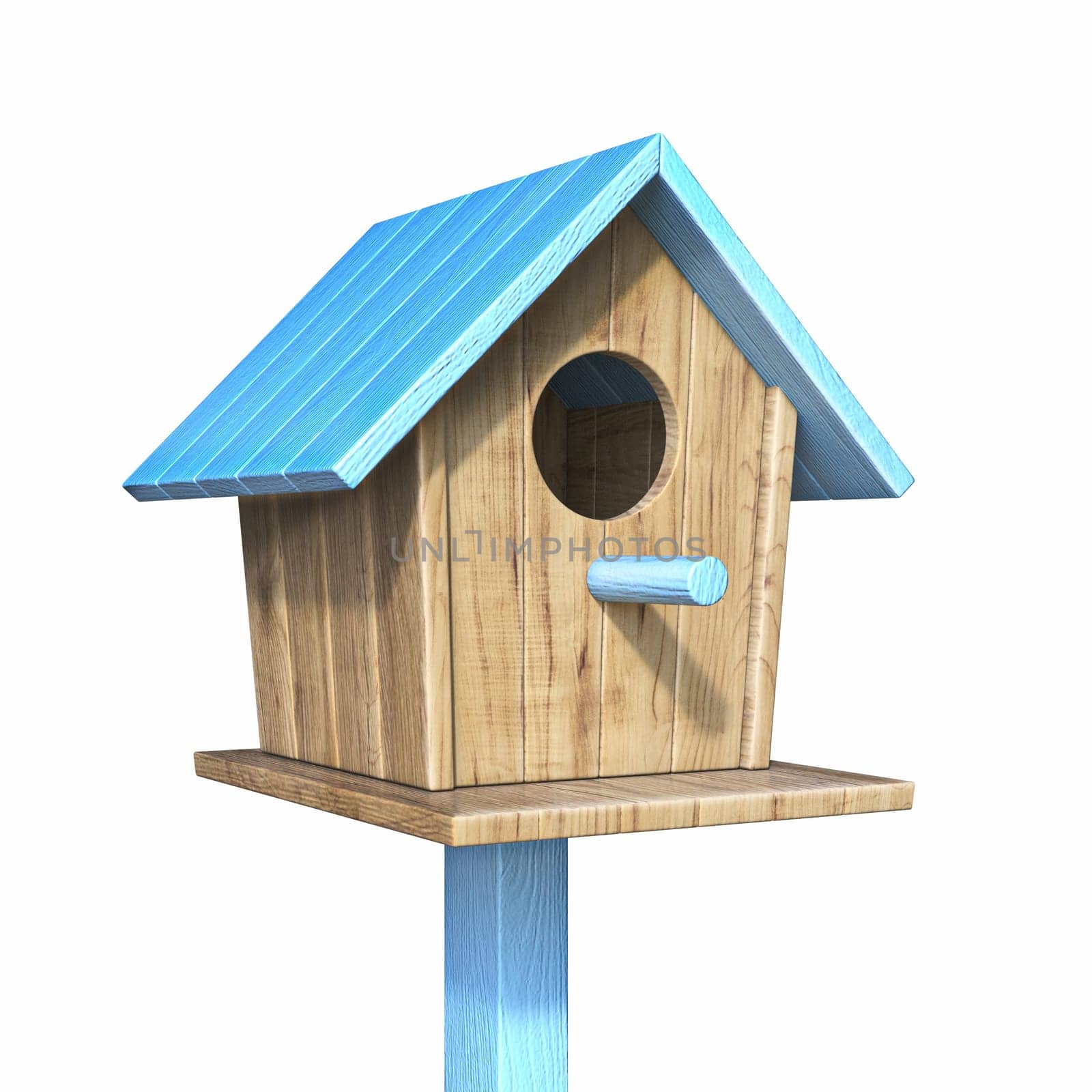 Birdhouse with blue roof 3D render illustration isolated on white background