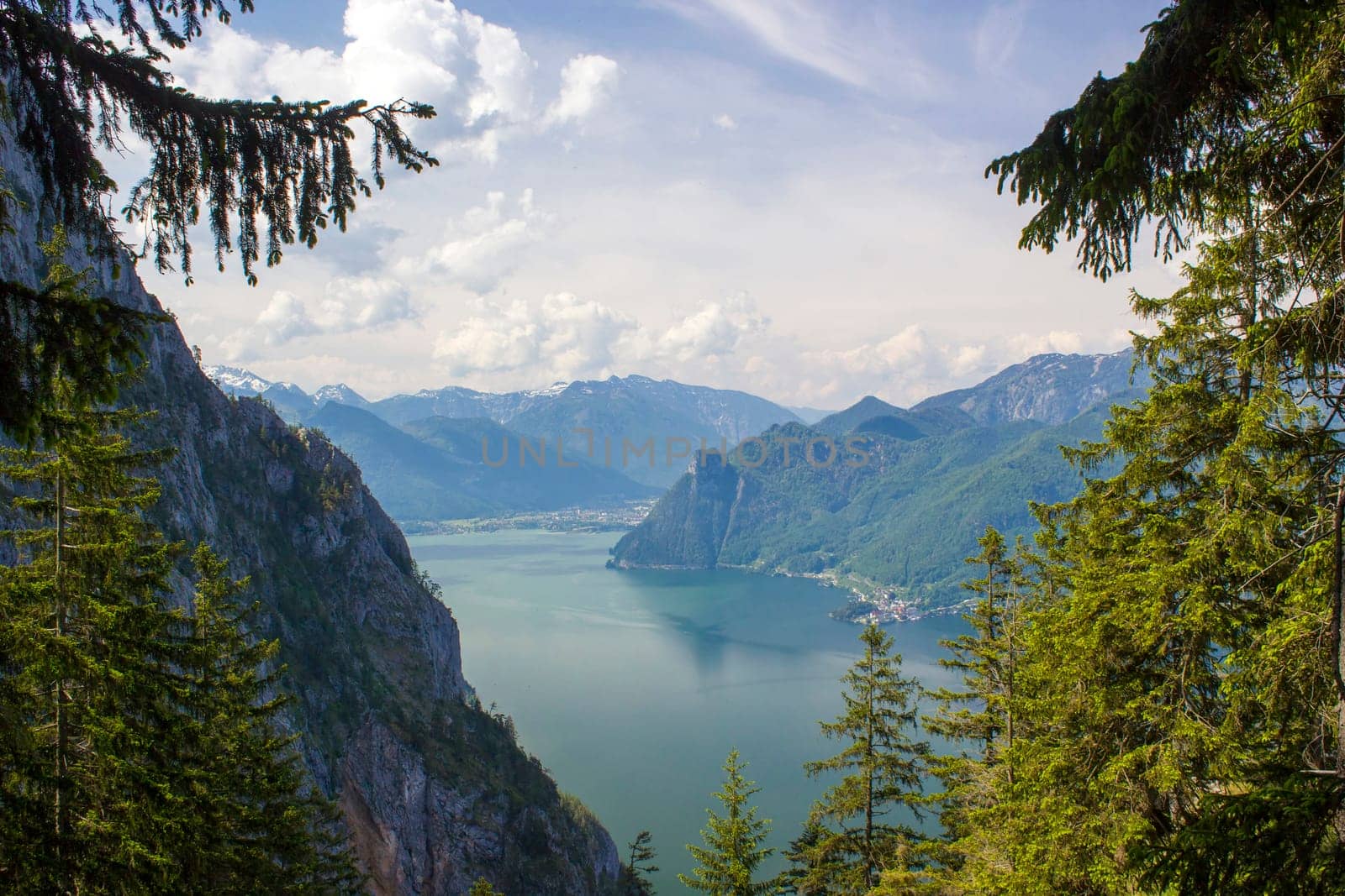 Traunsee lake with alps mountain and city Traunkirchen from hill Kleiner Schonberg. Austria landscape. Upper Austria, Austria