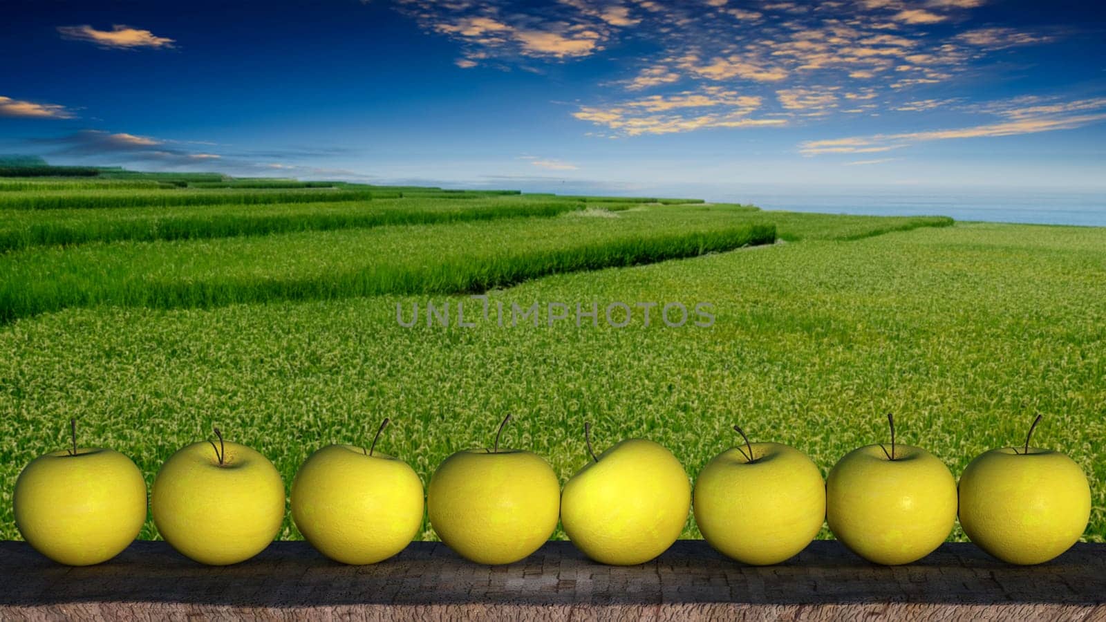 The 3d rendering of Ripe Apples In Wooden plate with nice background