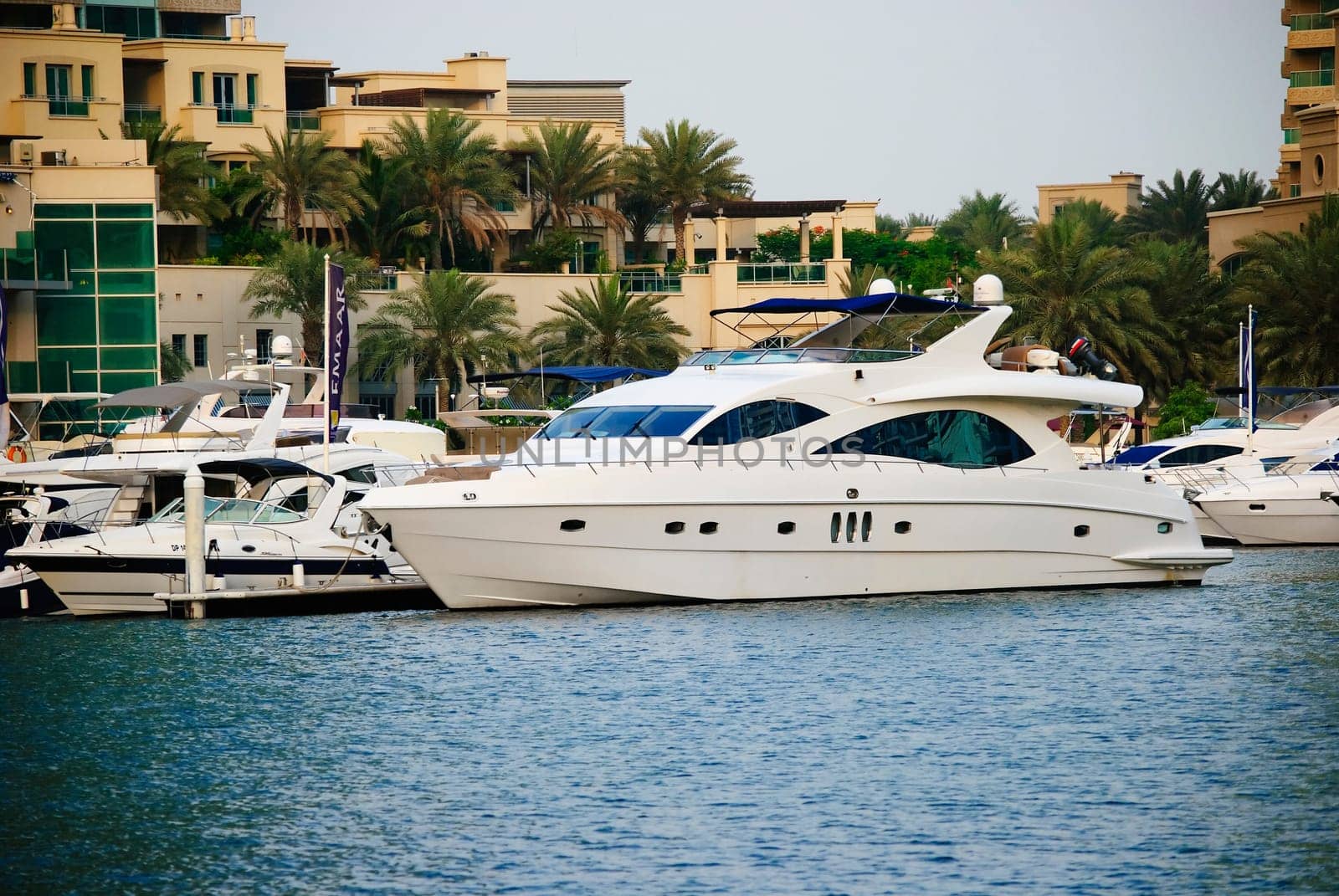 luxury boat docked in Dubai Marina