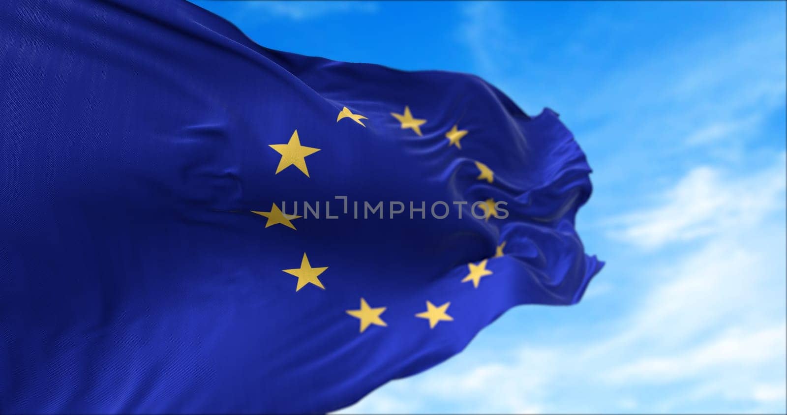 The flag of The European Union flapping in the wind. Economic and finance Community. Politics and Economy. Transnational political government