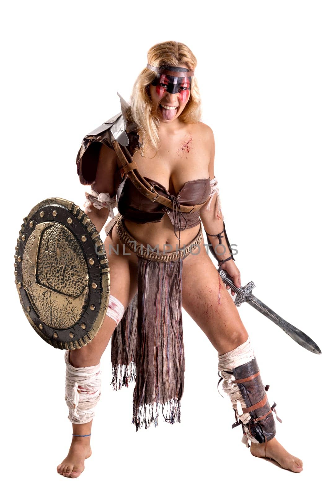 Ancient woman warrior or Gladiator isolated in white