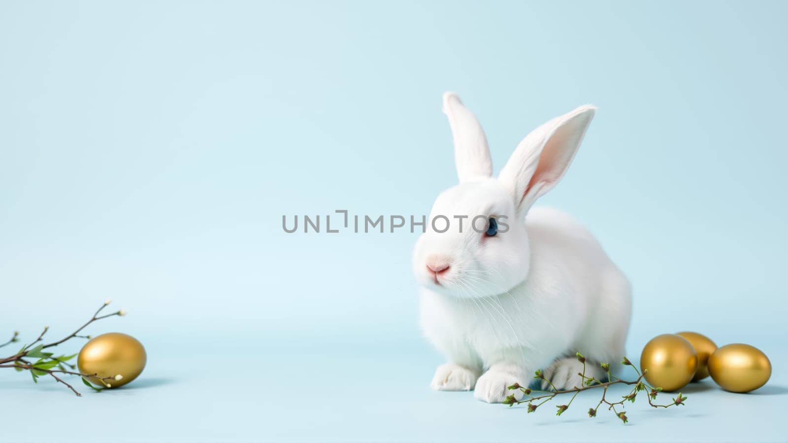 White fluffy rabbit sits on blue isolated background among traditional eggs symbolizing the holiday. High quality photo