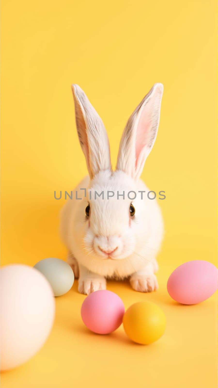 White fluffy rabbit sits on yellow isolated background among colorful eggs. High quality photo