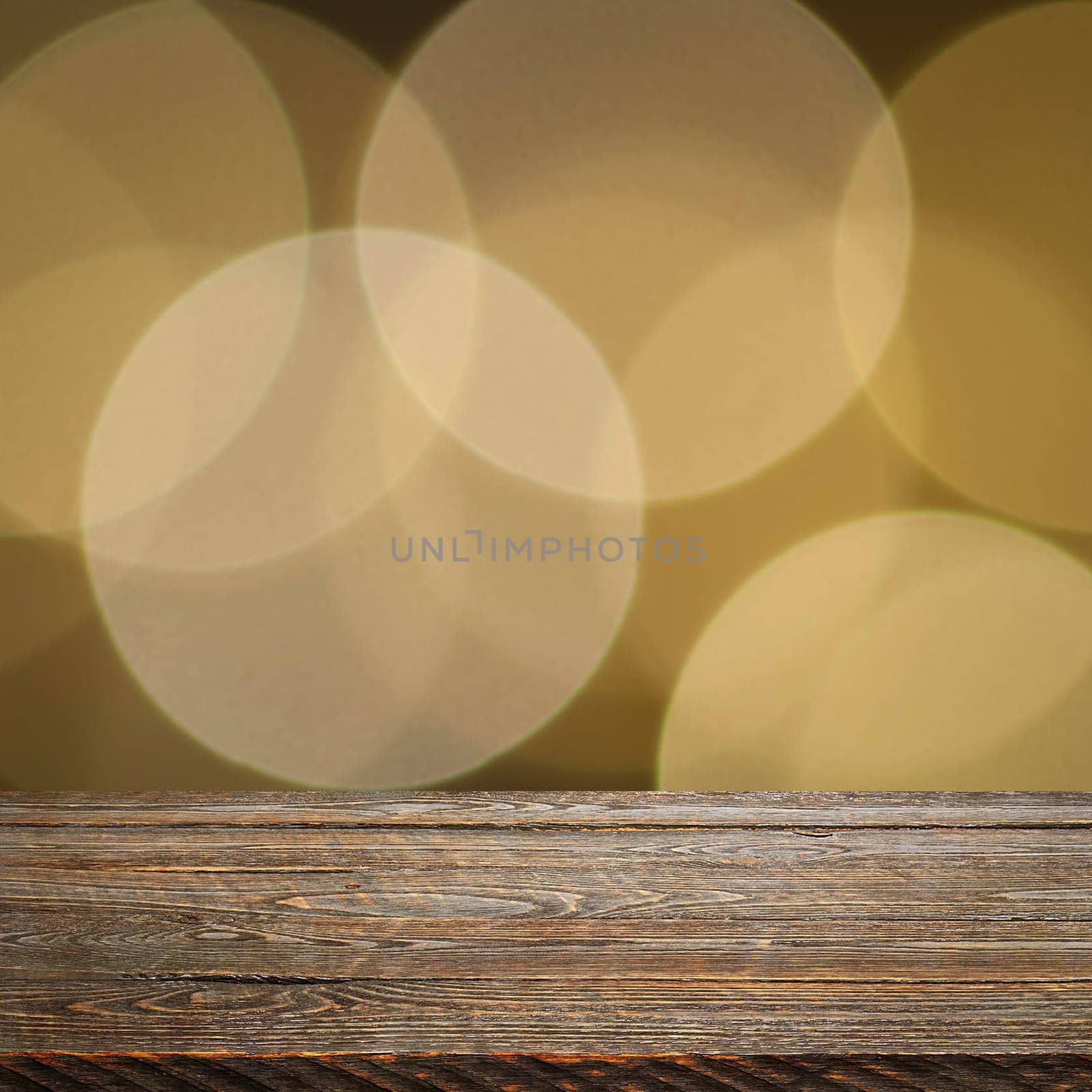 The background is an empty wooden board and a wall of blurred bokeh lights. For product demonstrations, free space, layout, mockup, perspective board, background board.
