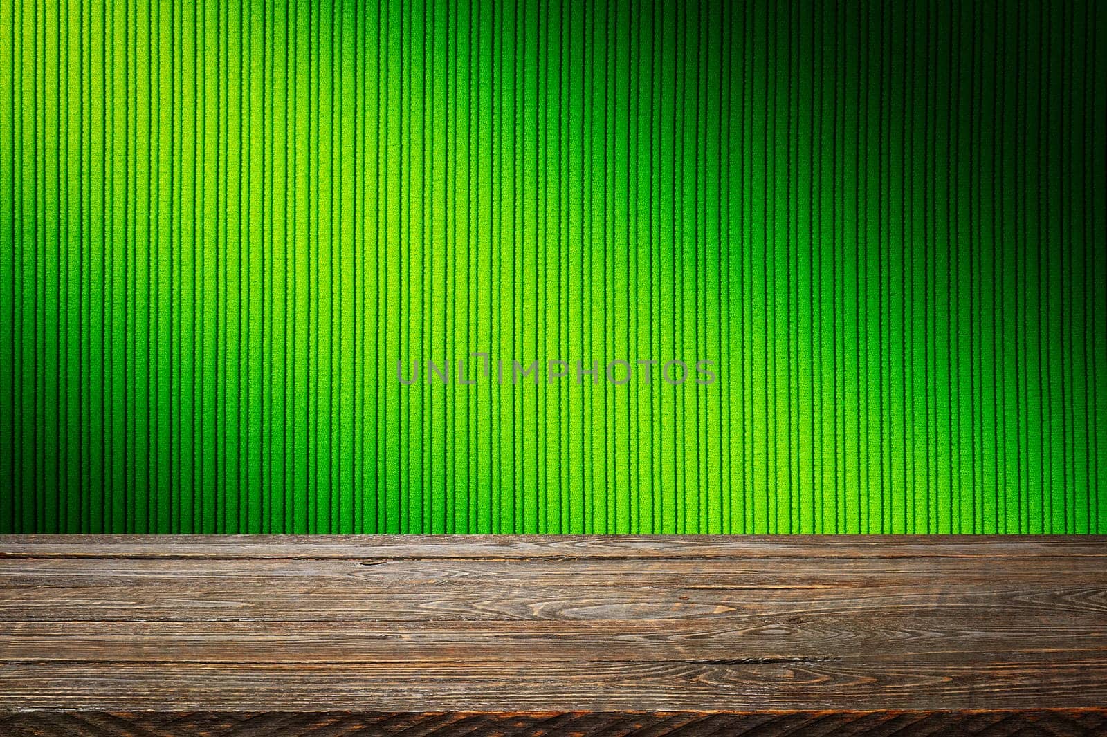 The background is blank wooden boards and a textured striped wall with gradient lighting and vignetting. For product demonstrations, free space, layout, mockup, perspective board, background board.