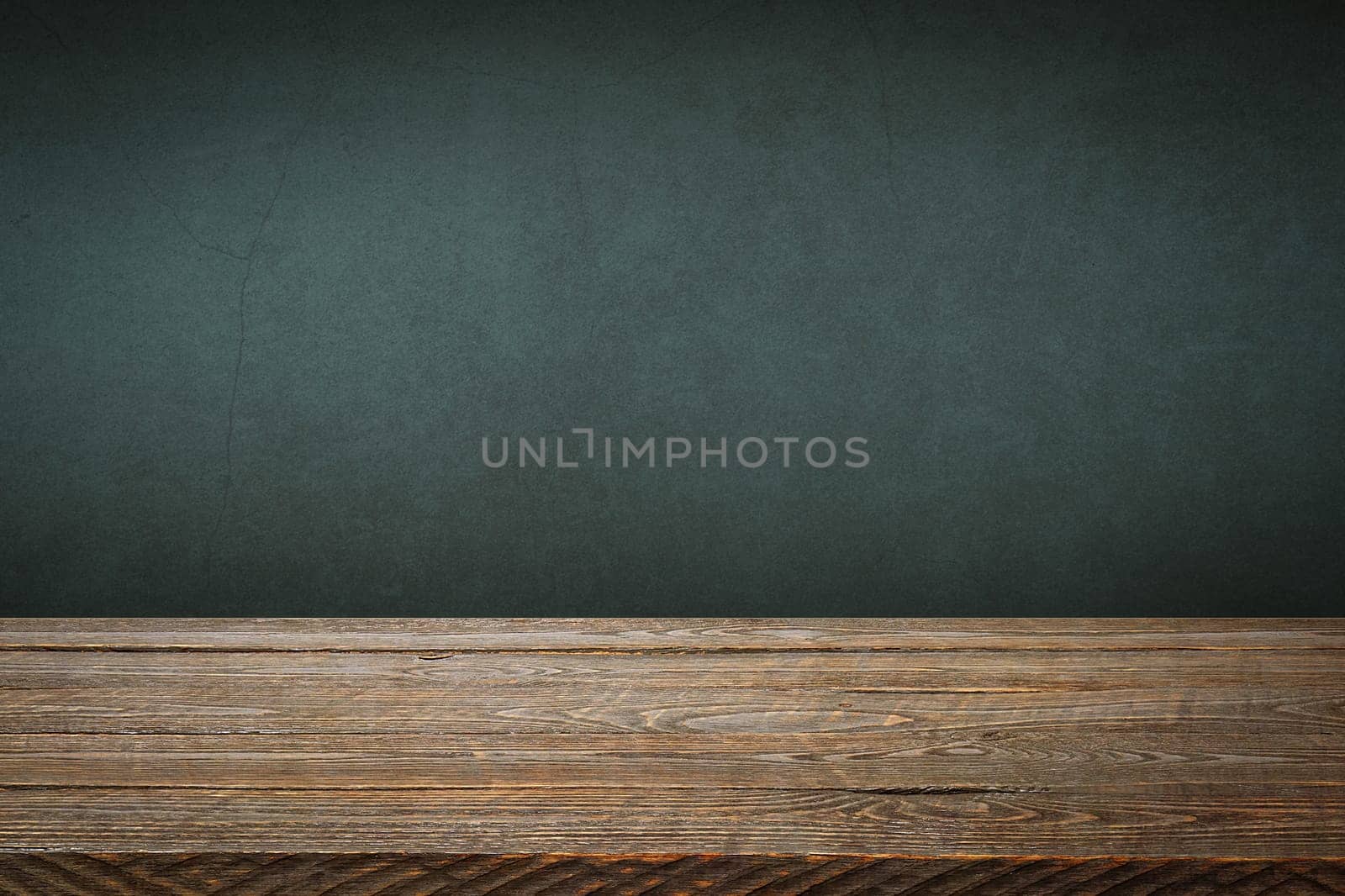 The background is blank wooden boards and a textured plastered wall with lighting and vignetting. For product demonstrations, free space, layout, mockup, perspective board, background board.