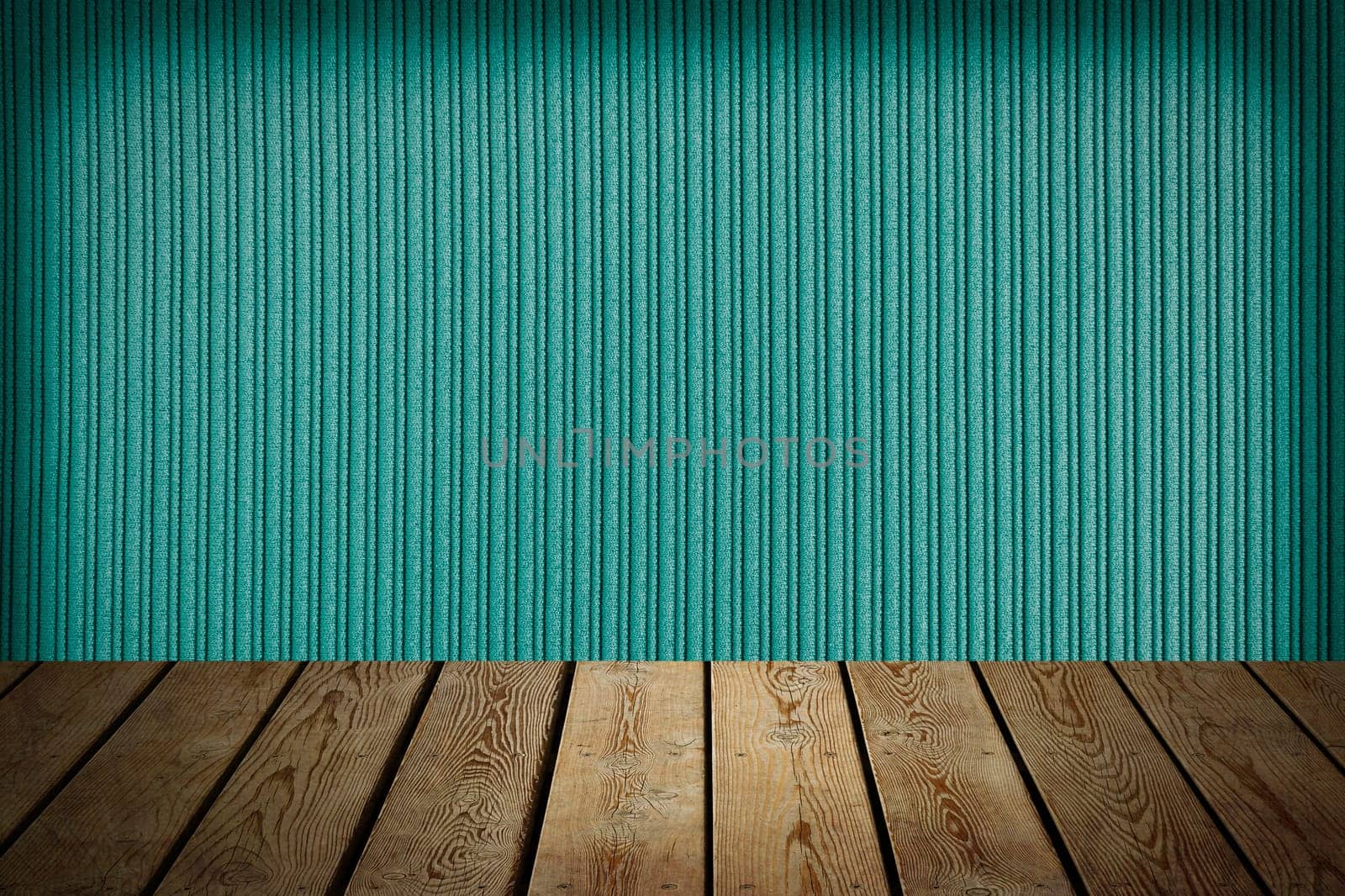 The background is blank wooden boards and a textured striped wall with gradient lighting and vignetting. For product demonstrations, free space, layout, mockup, perspective board, background board.