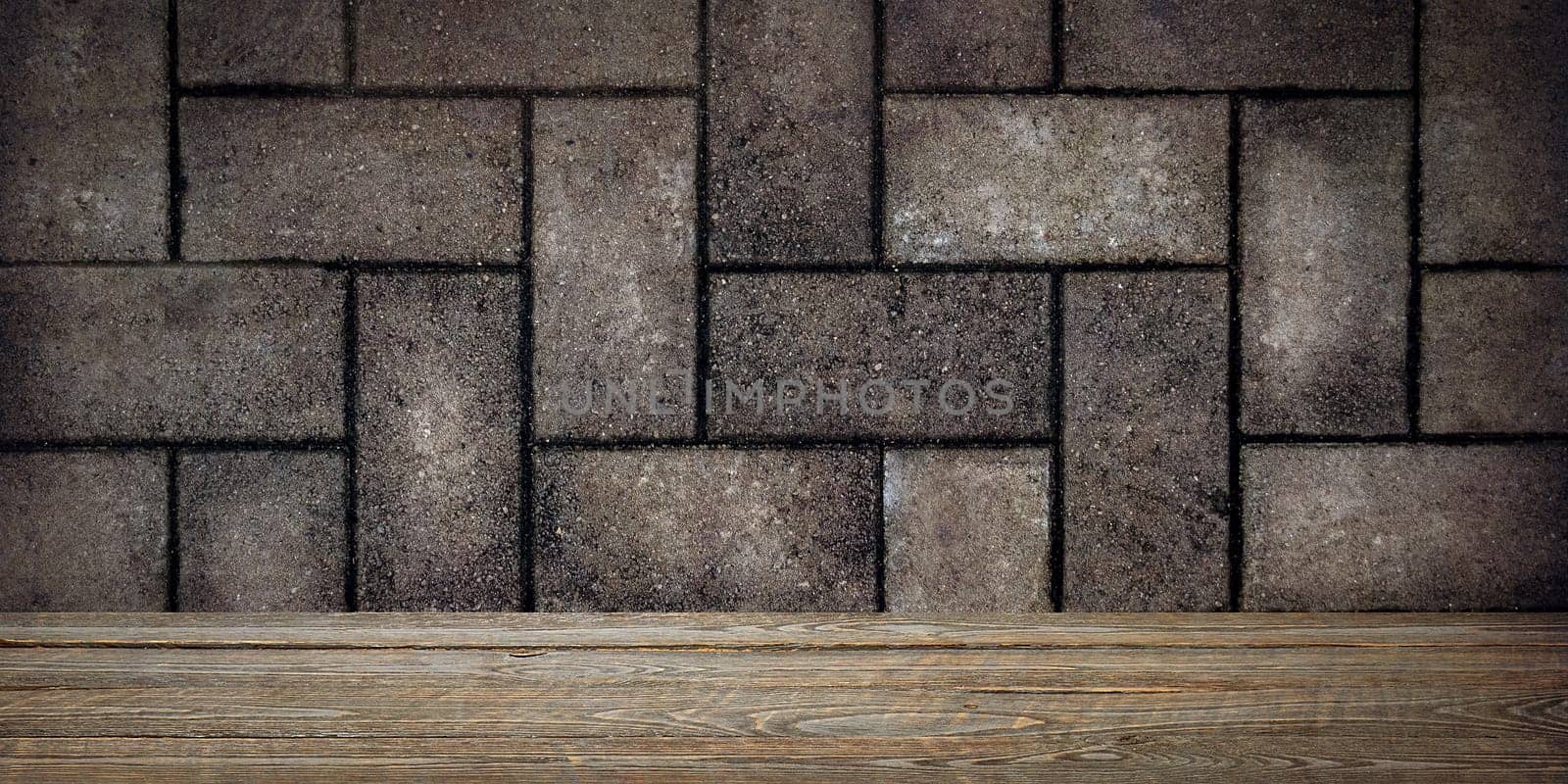 The background is blank wooden boards and a textured brick wall with lighting and vignetting. For product demonstrations, free space, layout, mockup, perspective board, background board.