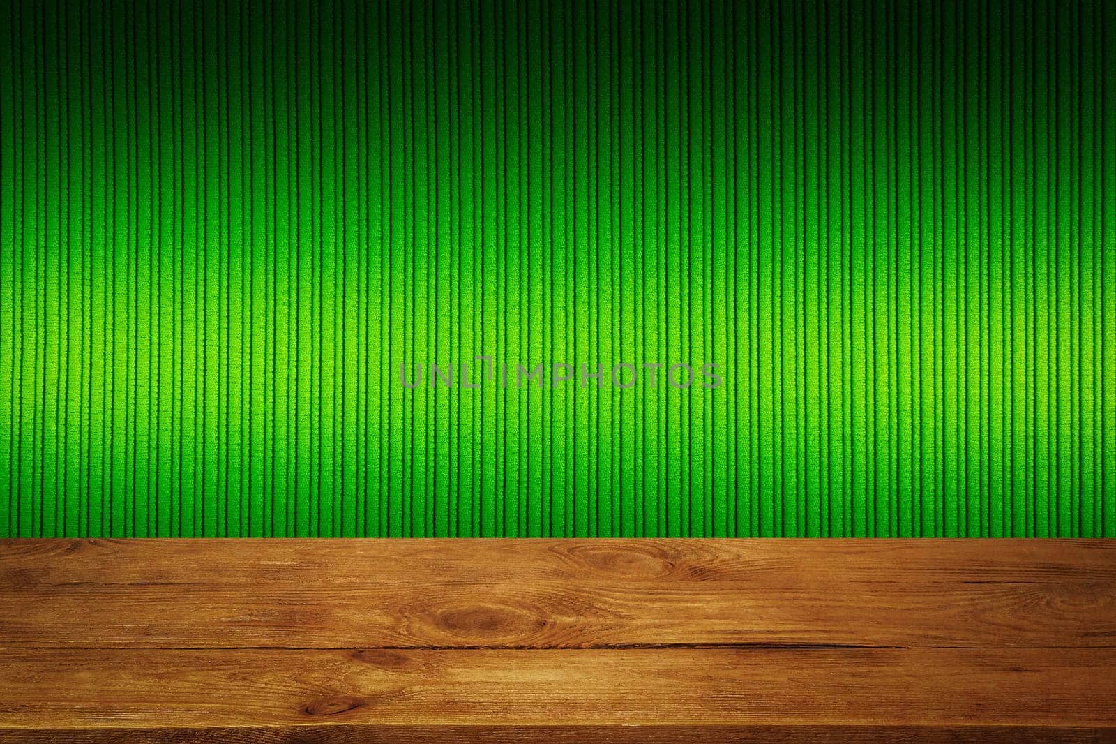 The background is blank wooden boards and a textured striped wall with gradient lighting and vignetting. For product demonstrations, free space, layout, mockup, perspective board, background board.