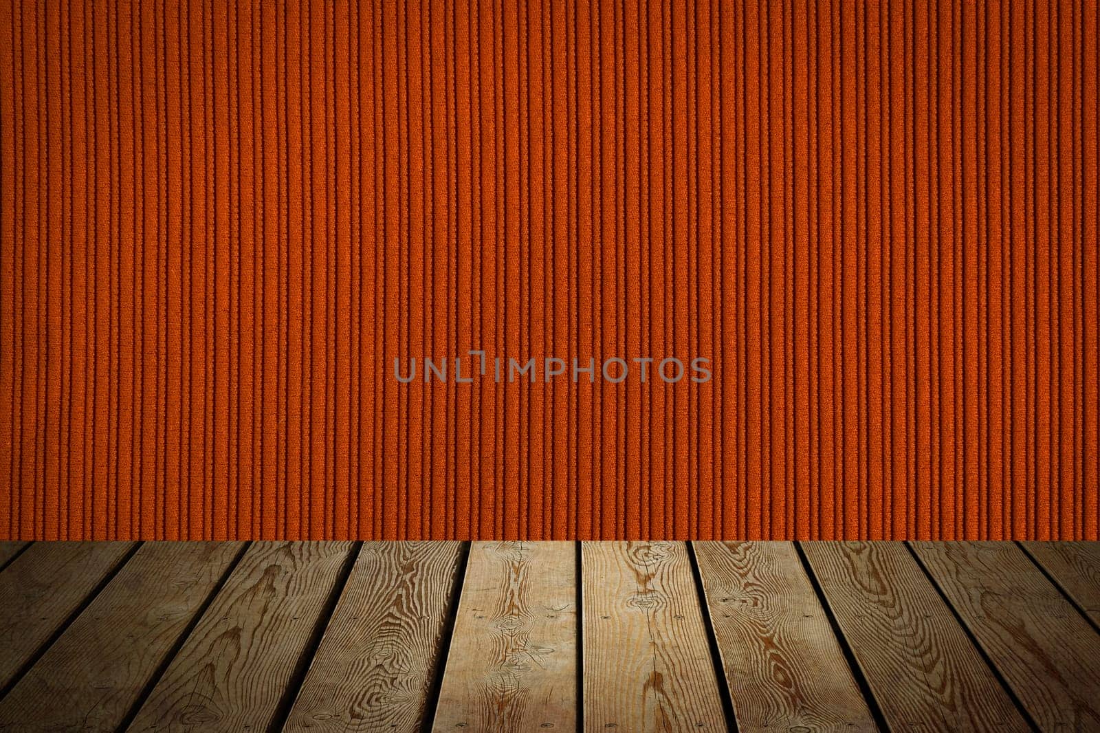 The background is blank wooden boards and a textured striped wall with gradient lighting and vignetting. For product demonstrations, free space, layout, mockup, perspective board, background board.
