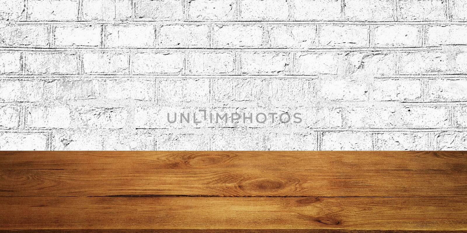 The background is blank wooden boards and a textured brick wall with lighting and vignetting. For product demonstrations, free space, layout, mockup, perspective board, background board.