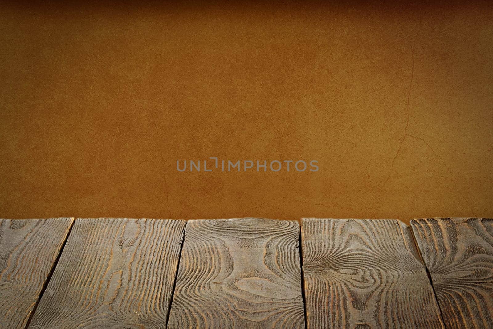 The background is blank wooden boards and a textured plastered wall with lighting and vignetting. For product demonstrations, free space, layout, mockup, perspective board, background board.