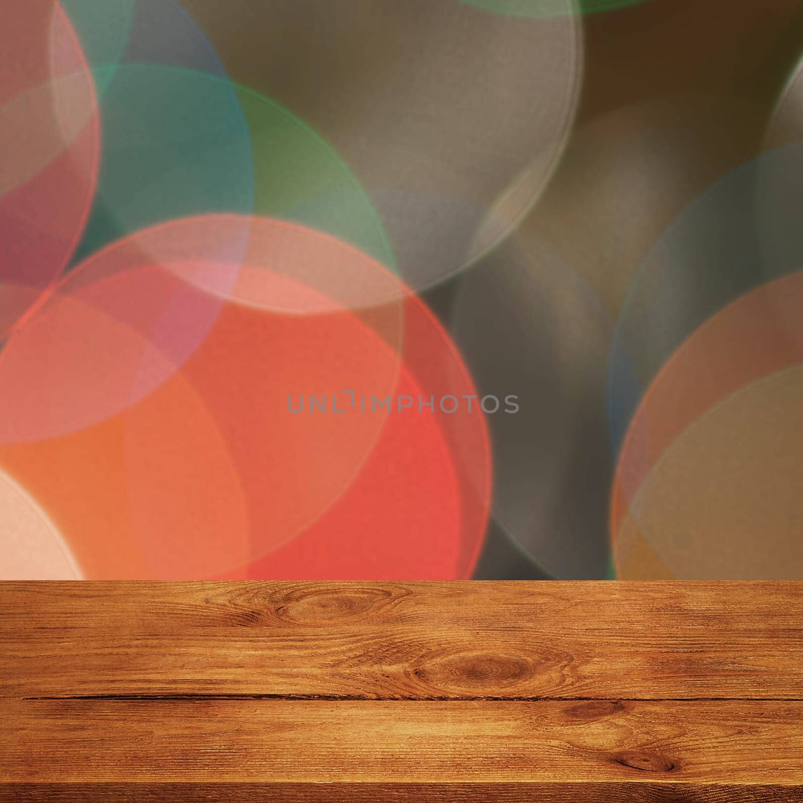 The background is an empty wooden board and a wall of blurred bokeh lights. For product demonstrations, free space, layout, mockup, perspective board, background board.