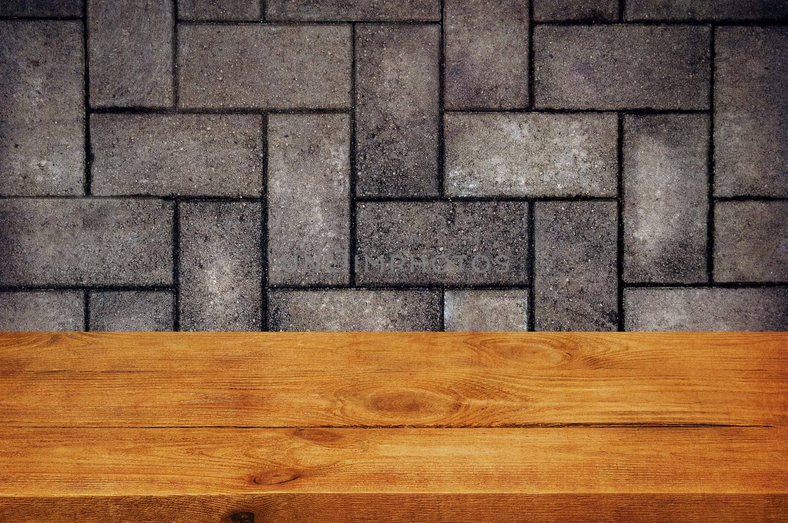 The background is blank wooden boards and a textured brick wall with lighting and vignetting. For product demonstrations, free space, layout, mockup, perspective board, background board.