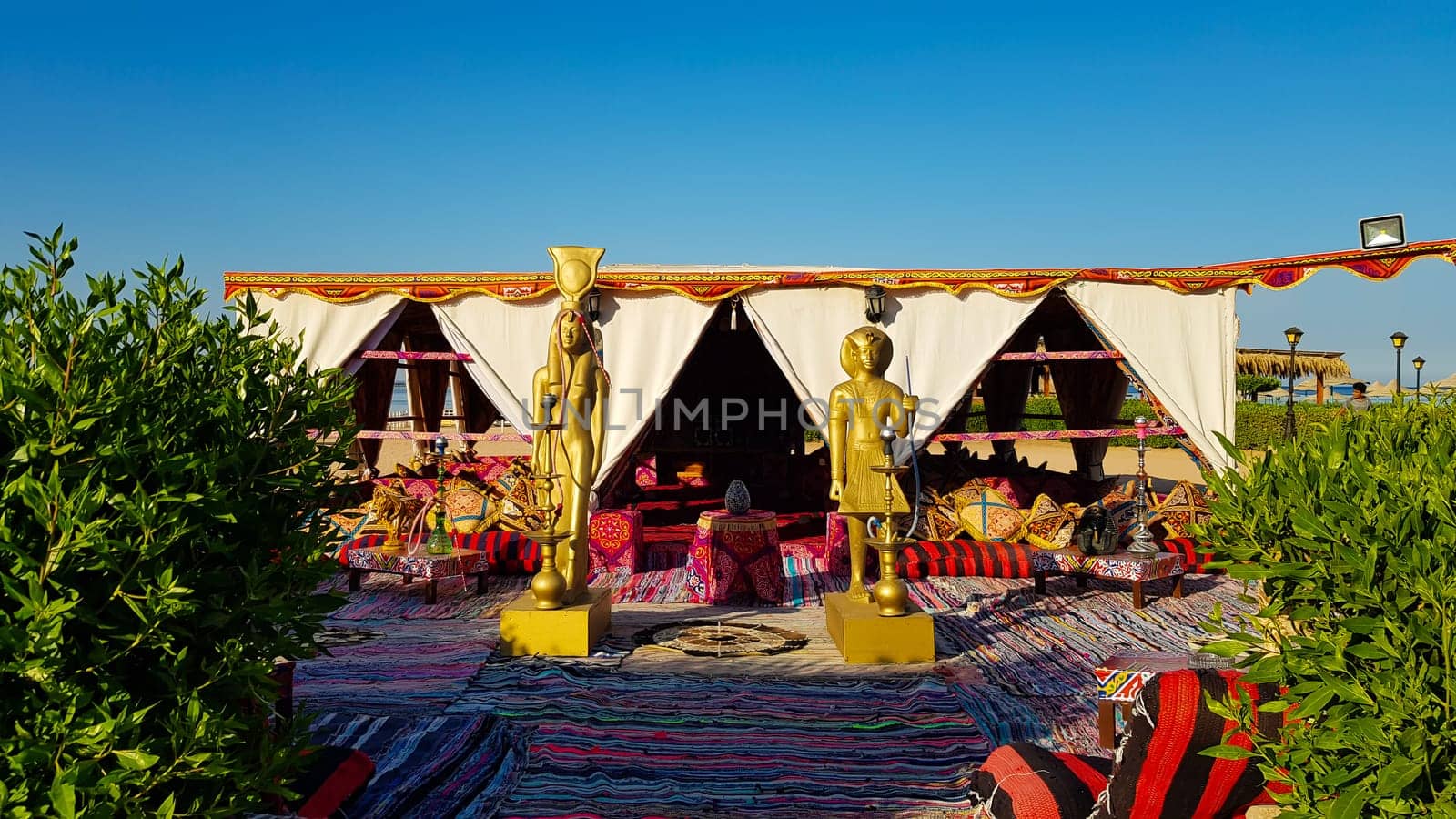 Egypt, Sharm El Sheikh - June 20, 2019: Traditional Egyptian restaurant, coffee shop. Oriental style cafe with furniture and eastern decor, Egypt.