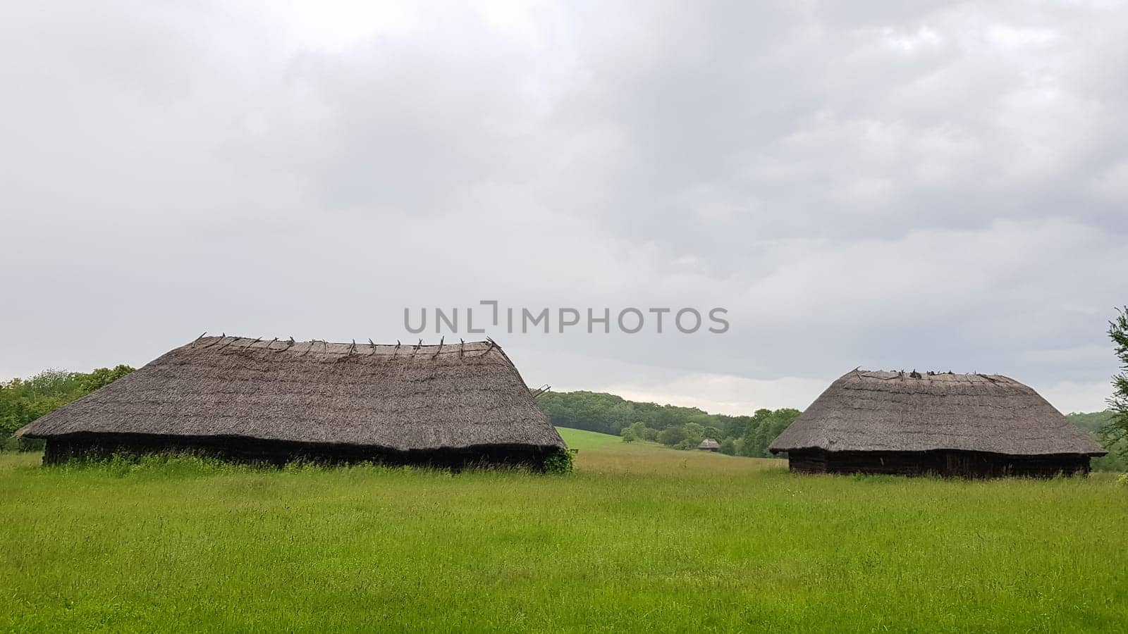 Ukraine, Kiev - June 11, 2020. Old peasant Ukrainian house or barn in the summer with a thatched roof in the village. Pirogovo Museum in the open air of different regions of Ukraine