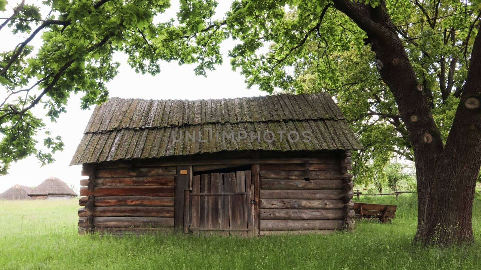 Ukraine, Kiev - June 11, 2020. Old peasant Ukrainian house or barn in the summer with a thatched roof in the village. Pirogovo Museum in the open air of different regions of Ukraine