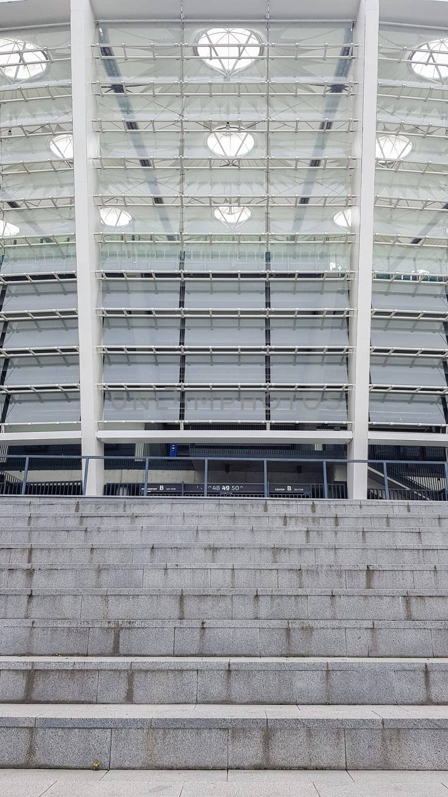 Stadium construction - NSC Olimpiyskiy in Kiev. Structural elements of the stadium with perforated facades. Ukraine, Kiev - October 18, 2020