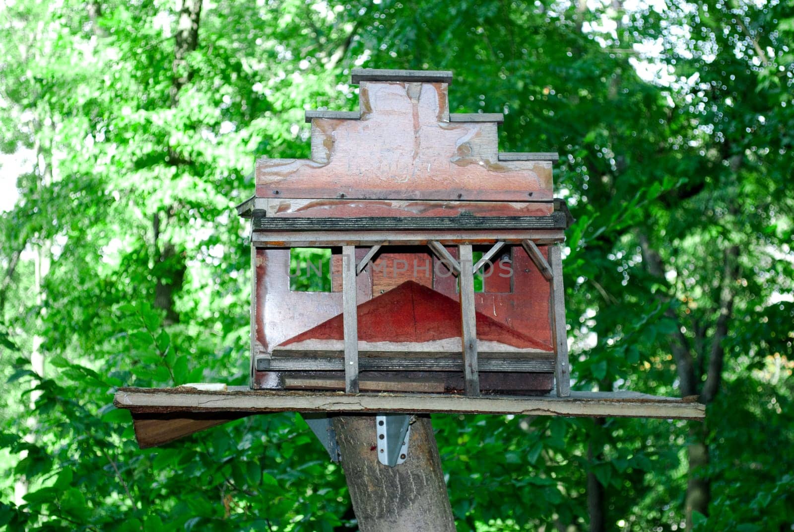 Birdhouse in the woods on a tree on a sunny day.