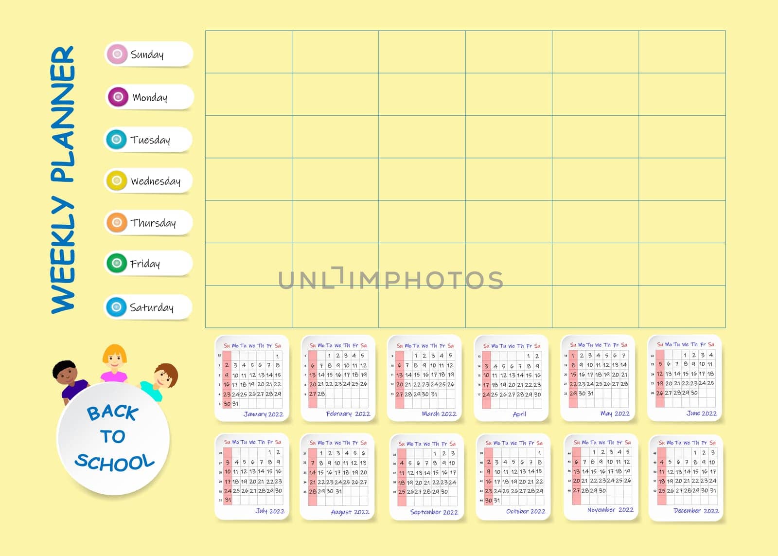 Back to school  weekly planner with clear calendar for 2022 year. Week starts on Sunday.