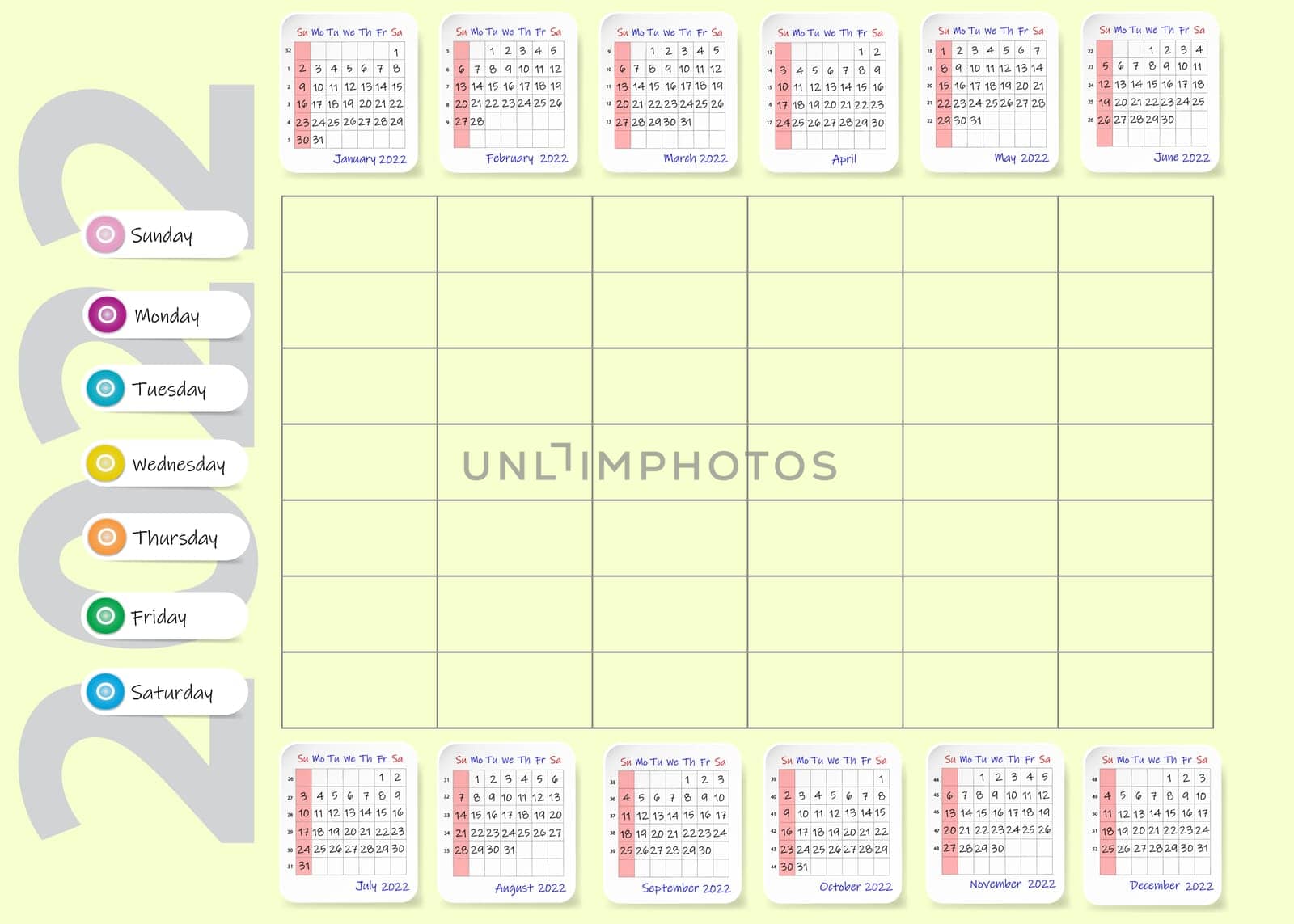 School weekly planner showing calendar for 2022 year. All is on the yellow background.