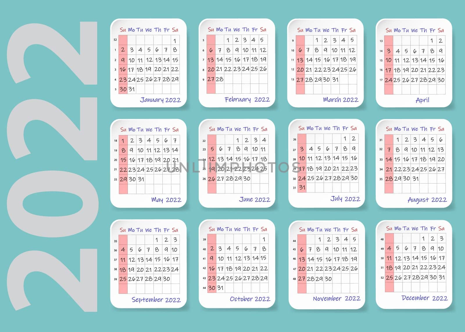 Wall calendar for 2022 year on the green background.