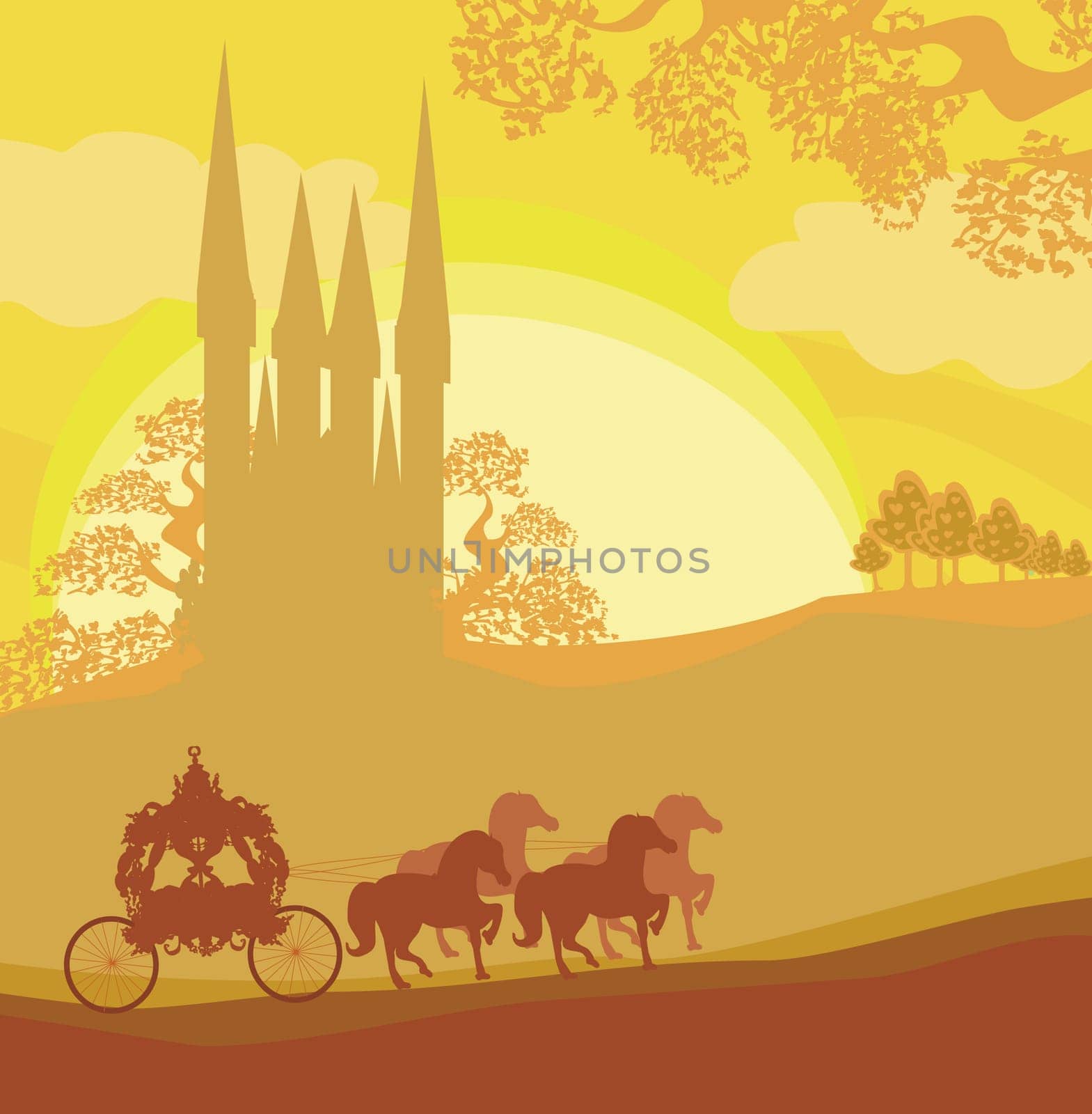 Silhouette of a horse carriage and a medieval castle
