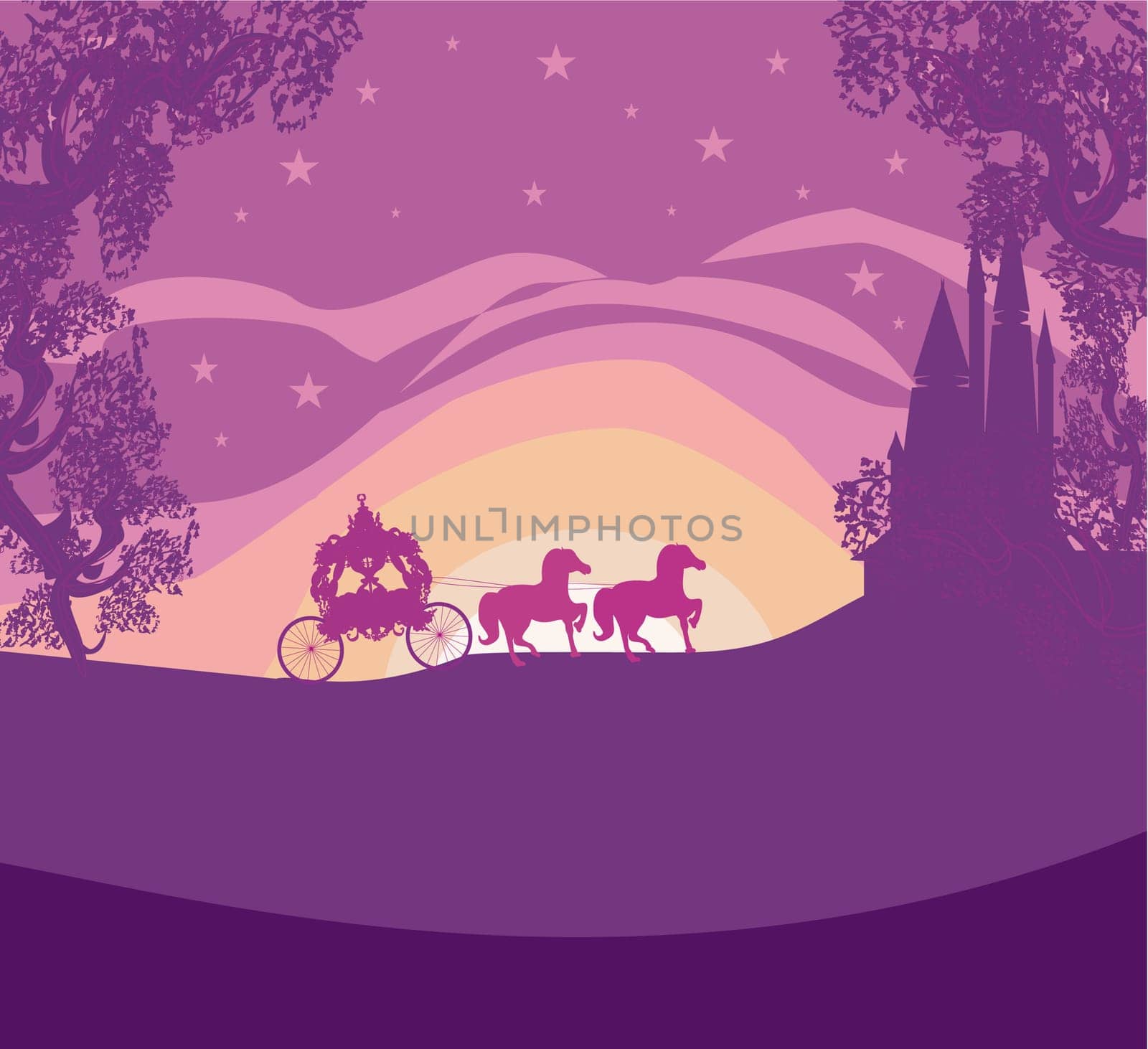Silhouette of a horse carriage and a medieval castle