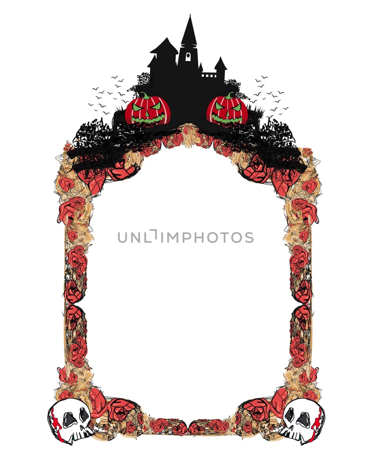Halloween night frame - roses, skulls and a haunted castle