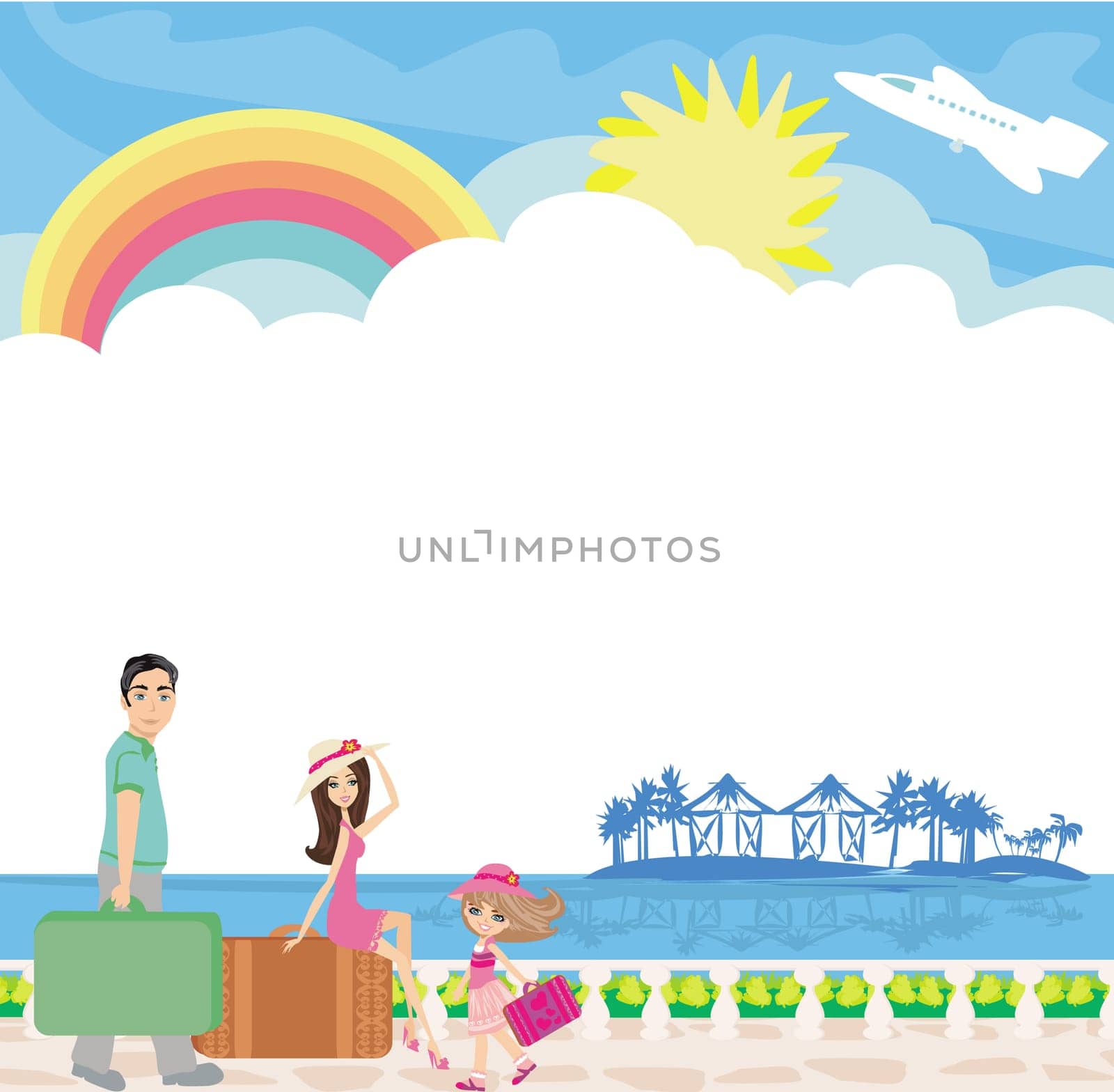 happy family on tropical vacation - card with place for text